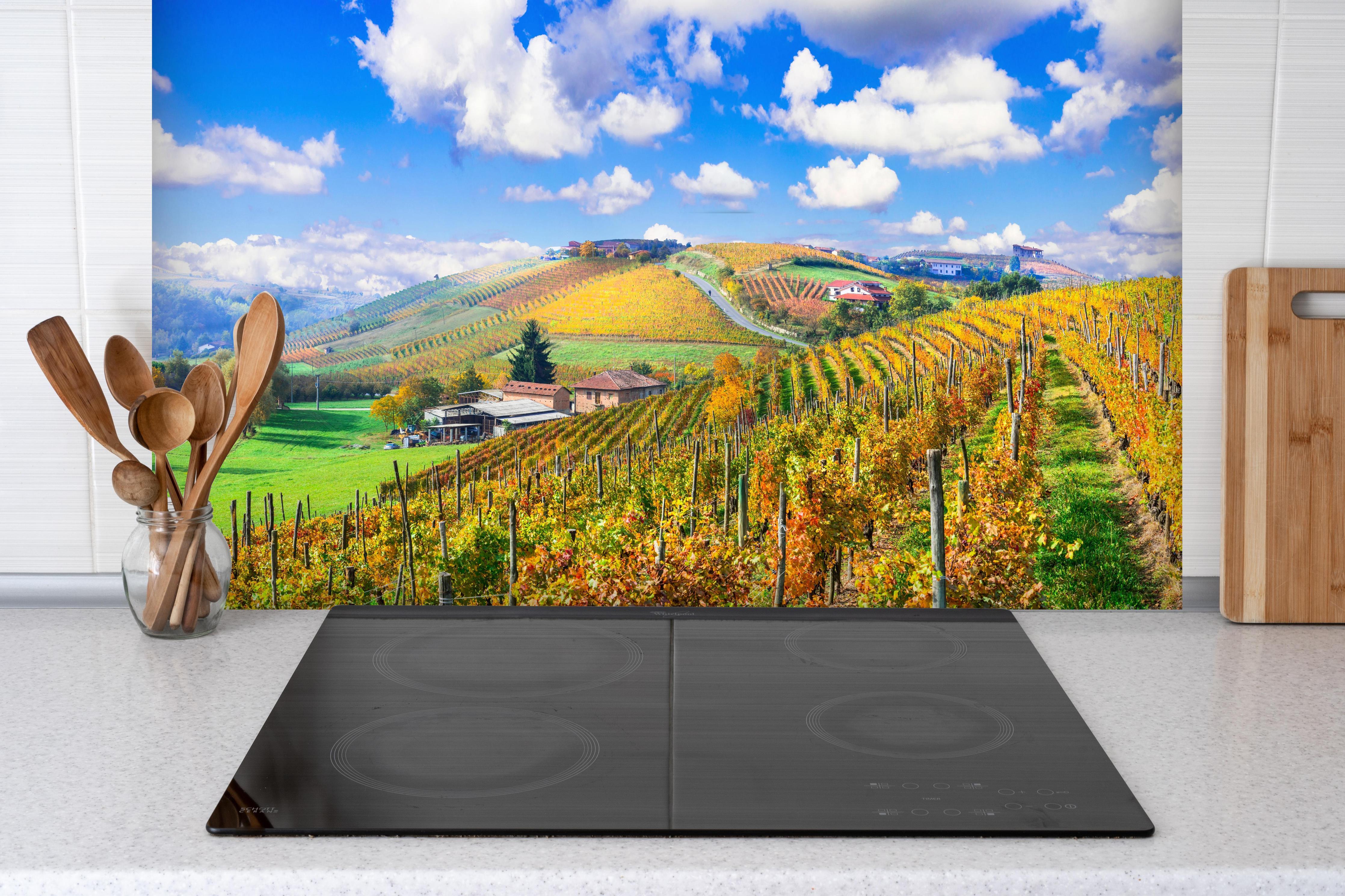 Spritzschutz - Schöne Herbstlandschaft mit Weinbergen - Toskana hinter einem Cerankochfeld zwischen Holz-Kochutensilien