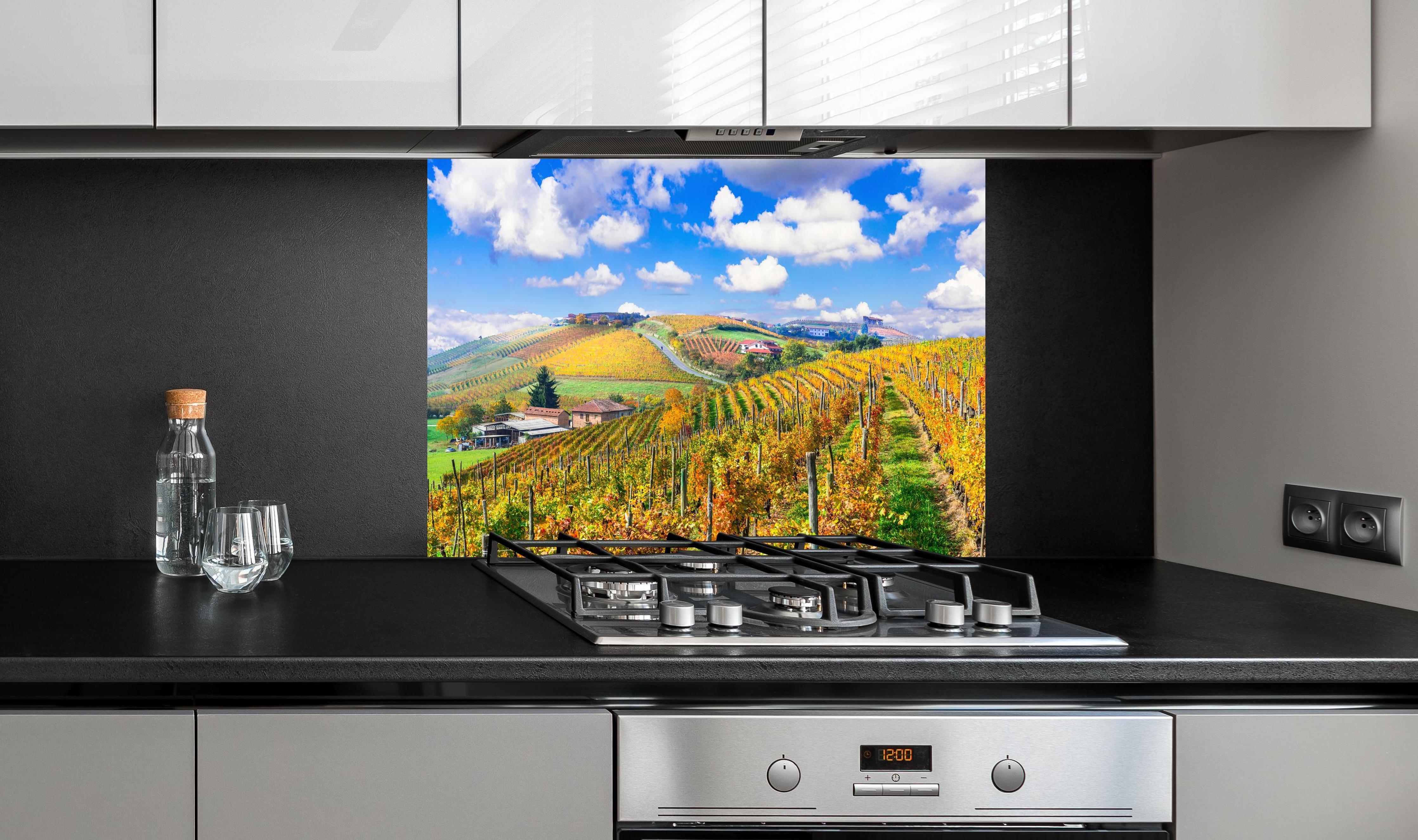 Spritzschutz - Schöne Herbstlandschaft mit Weinbergen - Toskana an edler Anthrazit-Wand hinter silbernem Gasherd