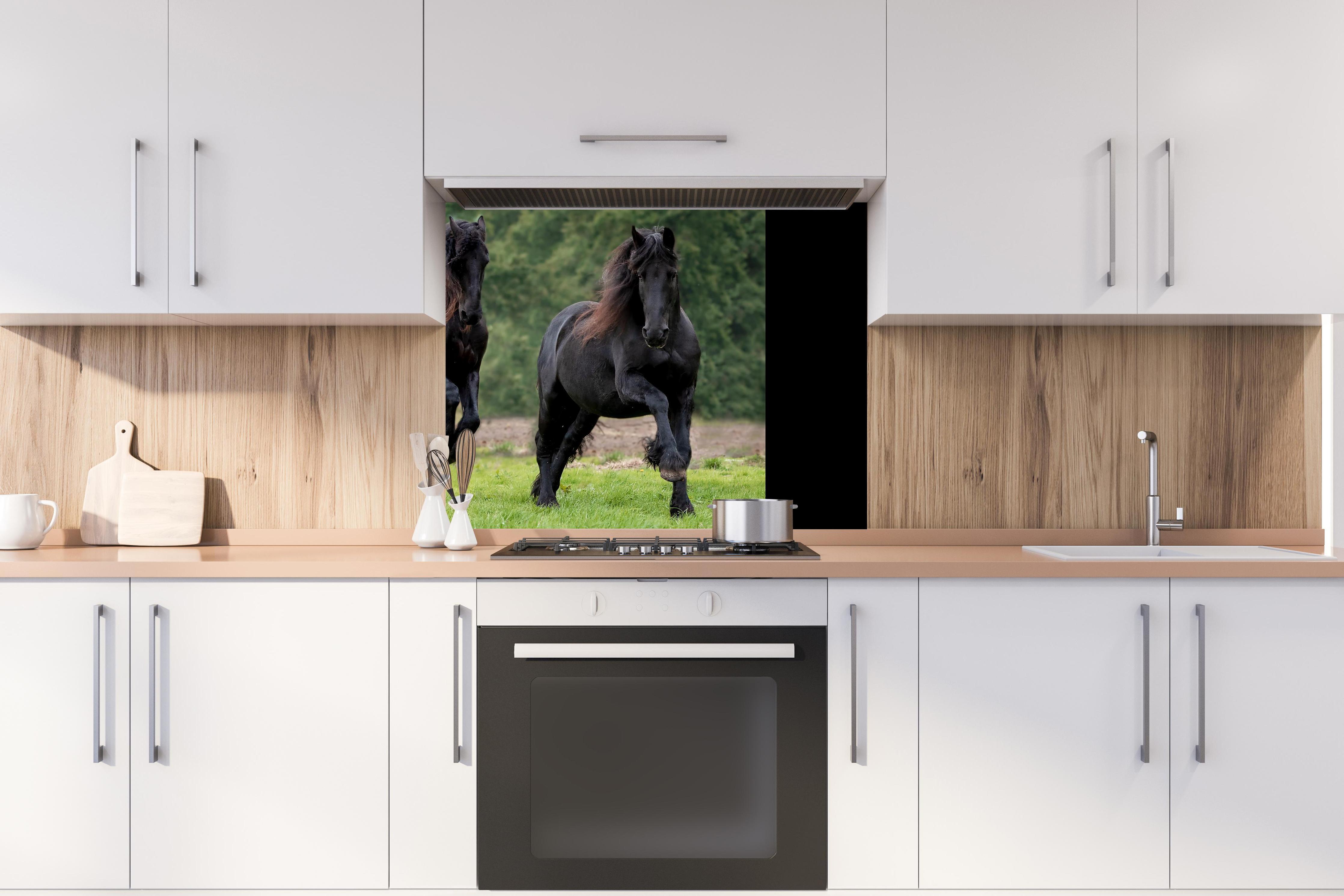 Spritzschutz - Schwarze prächtige Friesenpferde hinter stilvollem Gasherd unter Dunstabzugshaube