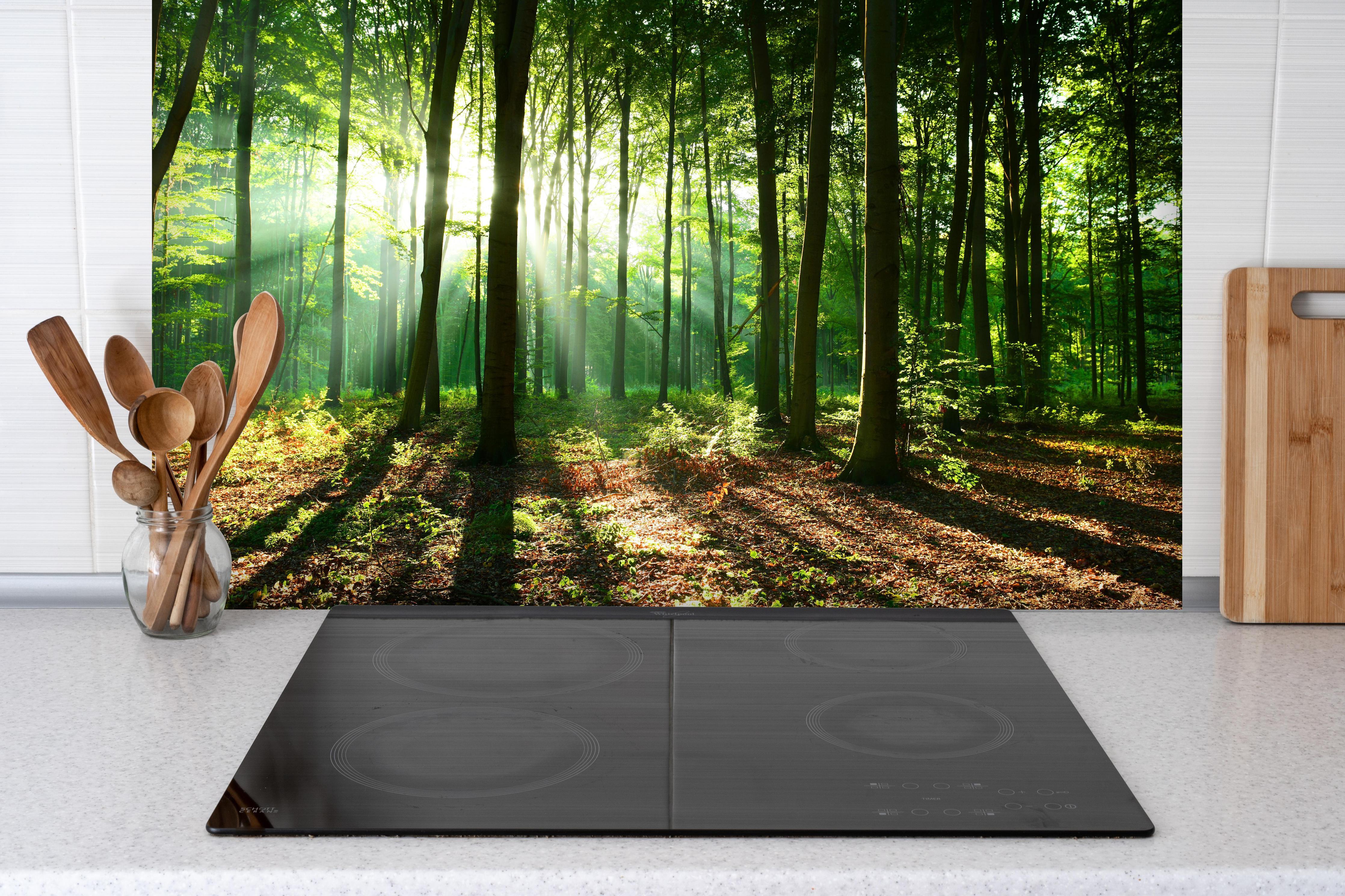 Spritzschutz - Sonnenaufgang im Bayrischem Wald hinter einem Cerankochfeld zwischen Holz-Kochutensilien