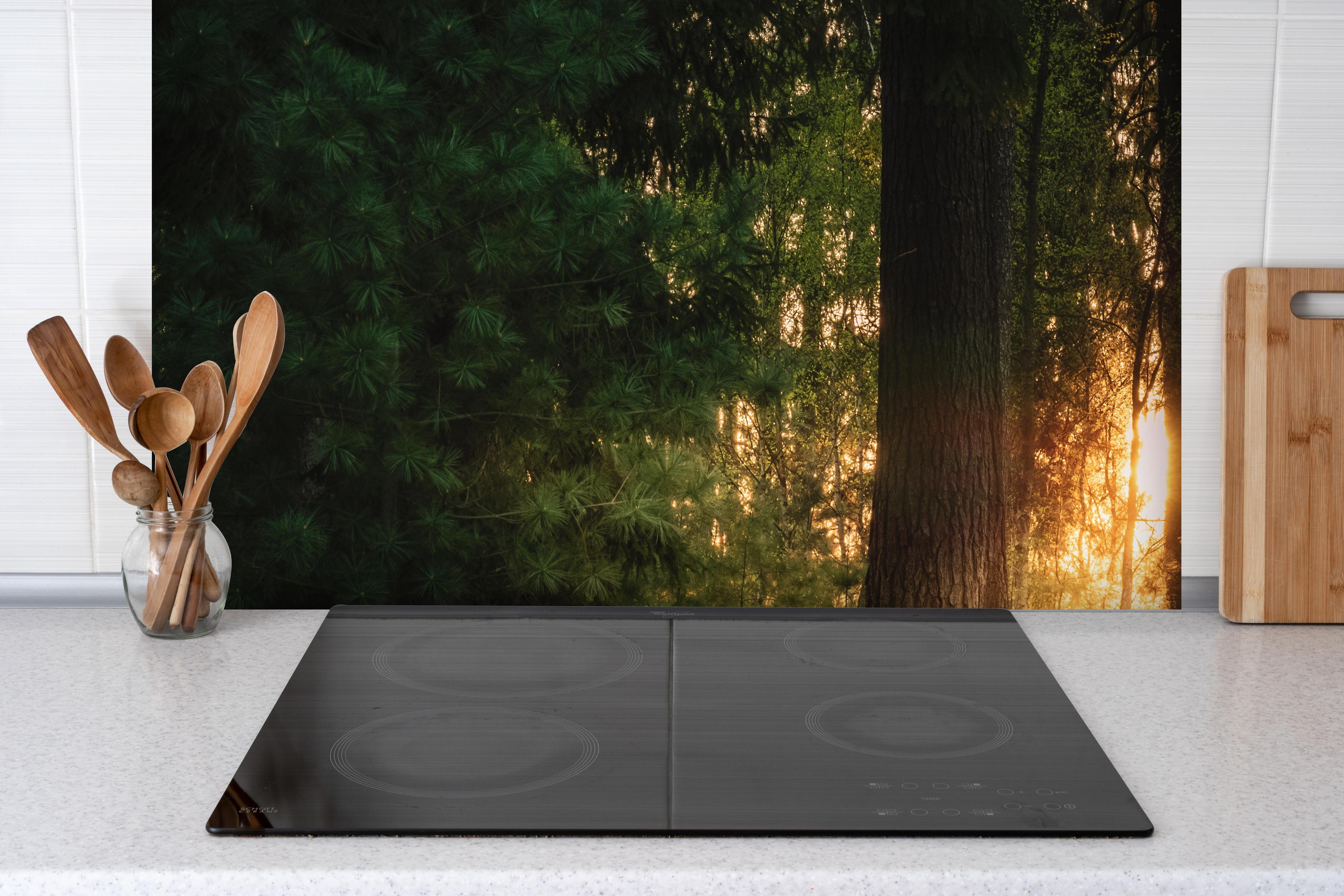 Spritzschutz - Sonnenuntergang im Wald - Lüneburger Heide hinter einem Cerankochfeld zwischen Holz-Kochutensilien