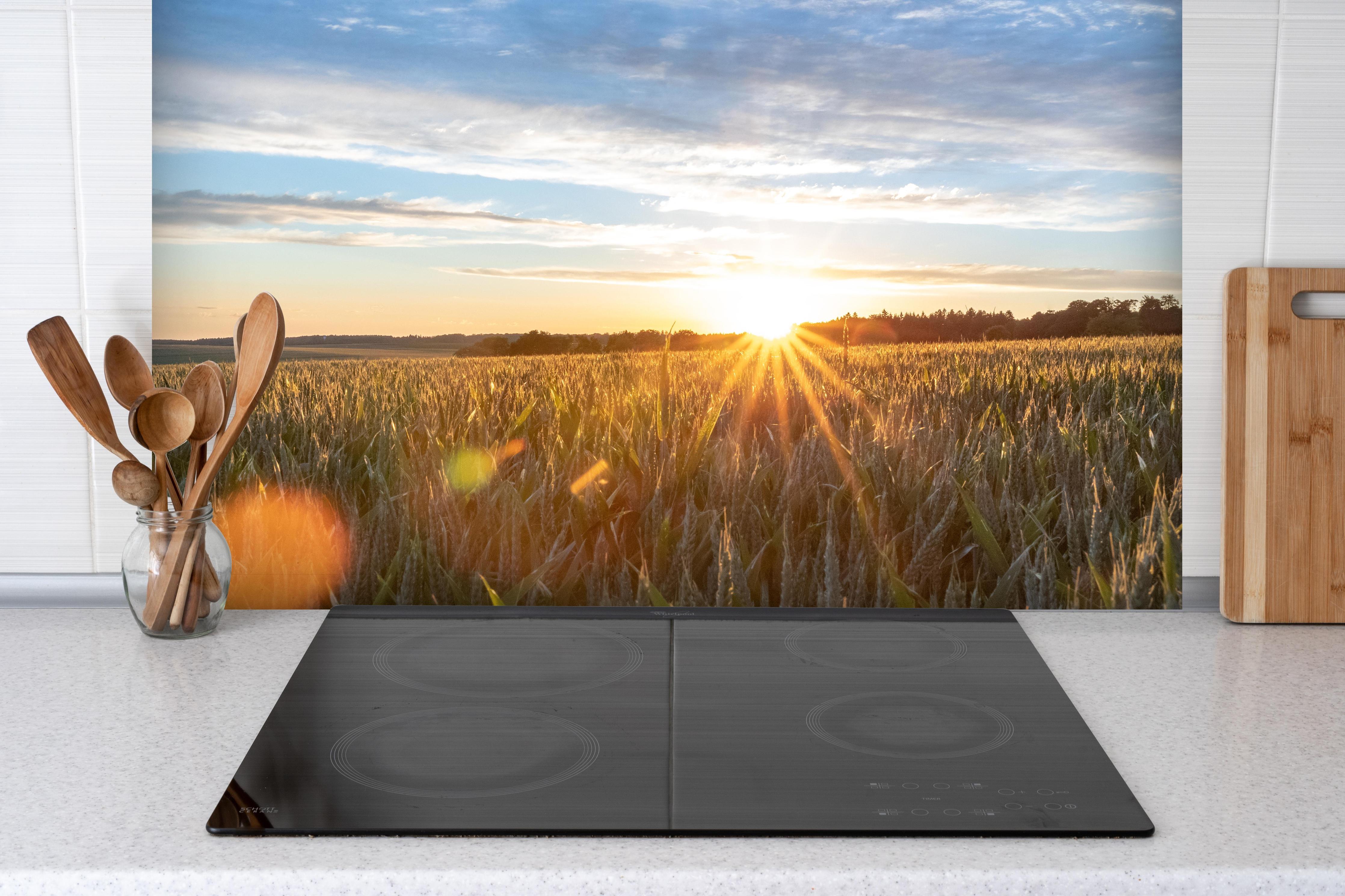 Spritzschutz - Sonnenuntergang über einem Kornfeld hinter einem Cerankochfeld zwischen Holz-Kochutensilien