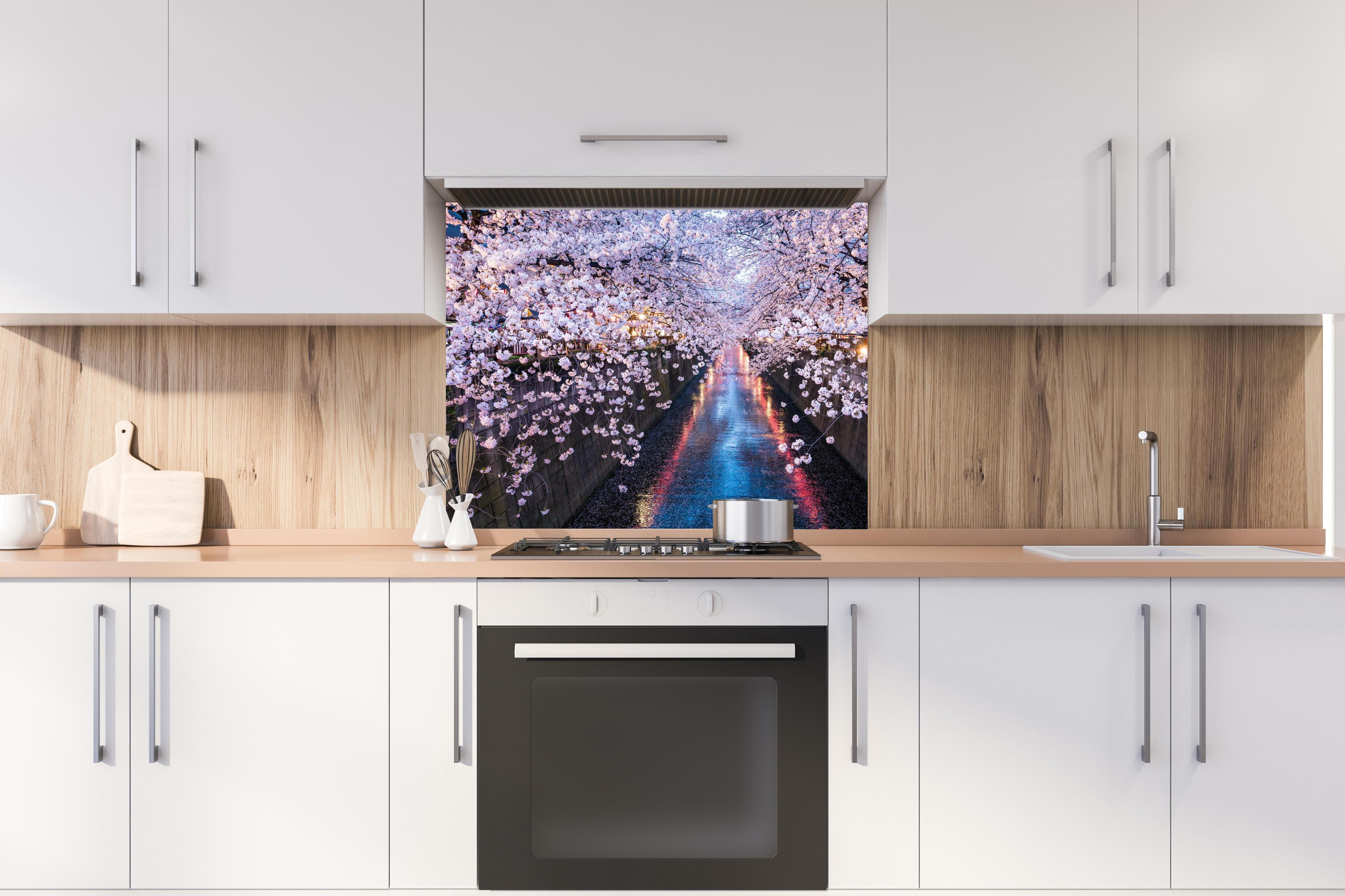 Spritzschutz - Stadtfluss mit Kirschblütenbäumen hinter stilvollem Gasherd unter Dunstabzugshaube