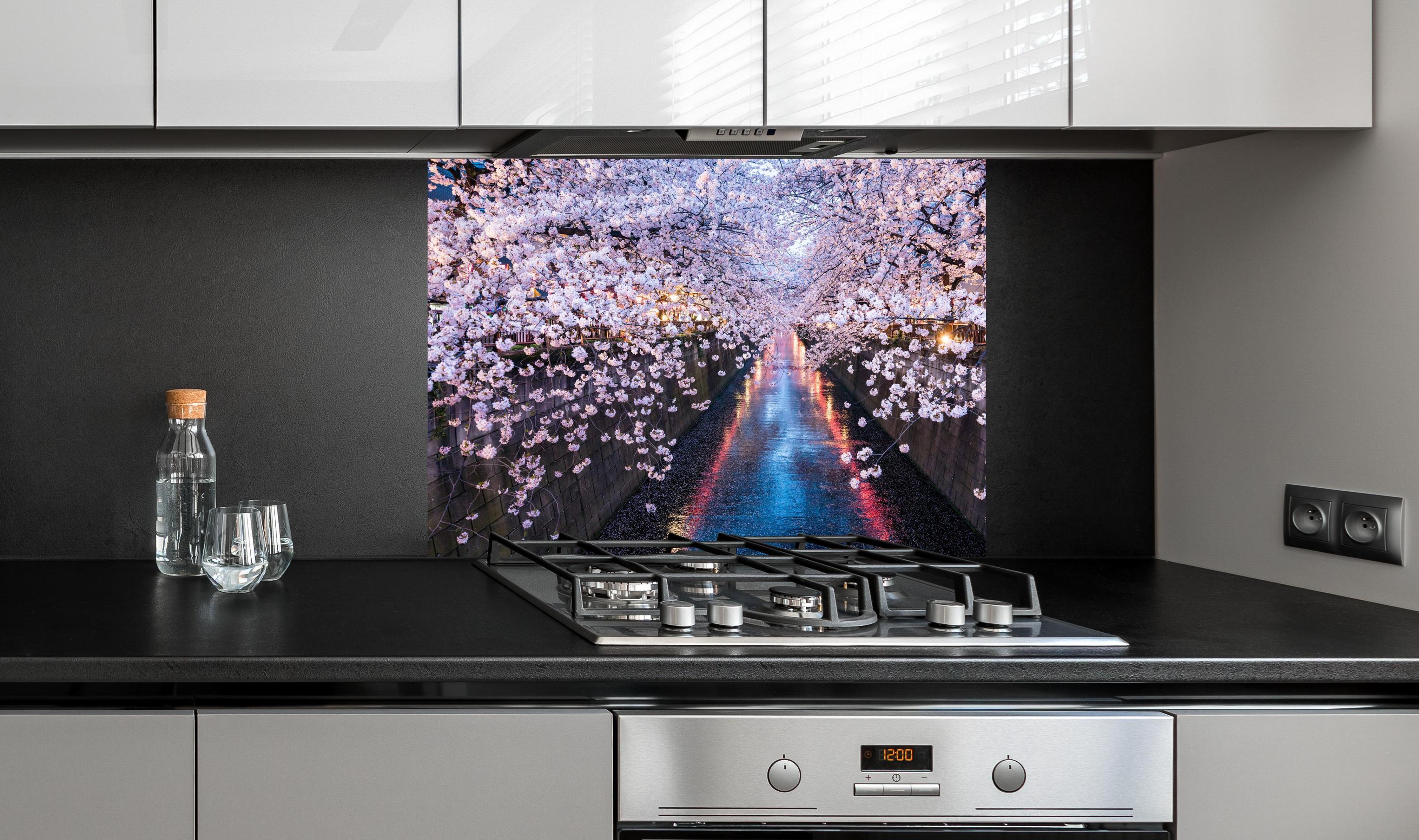 Spritzschutz - Stadtfluss mit Kirschblütenbäumen an edler Anthrazit-Wand hinter silbernem Gasherd