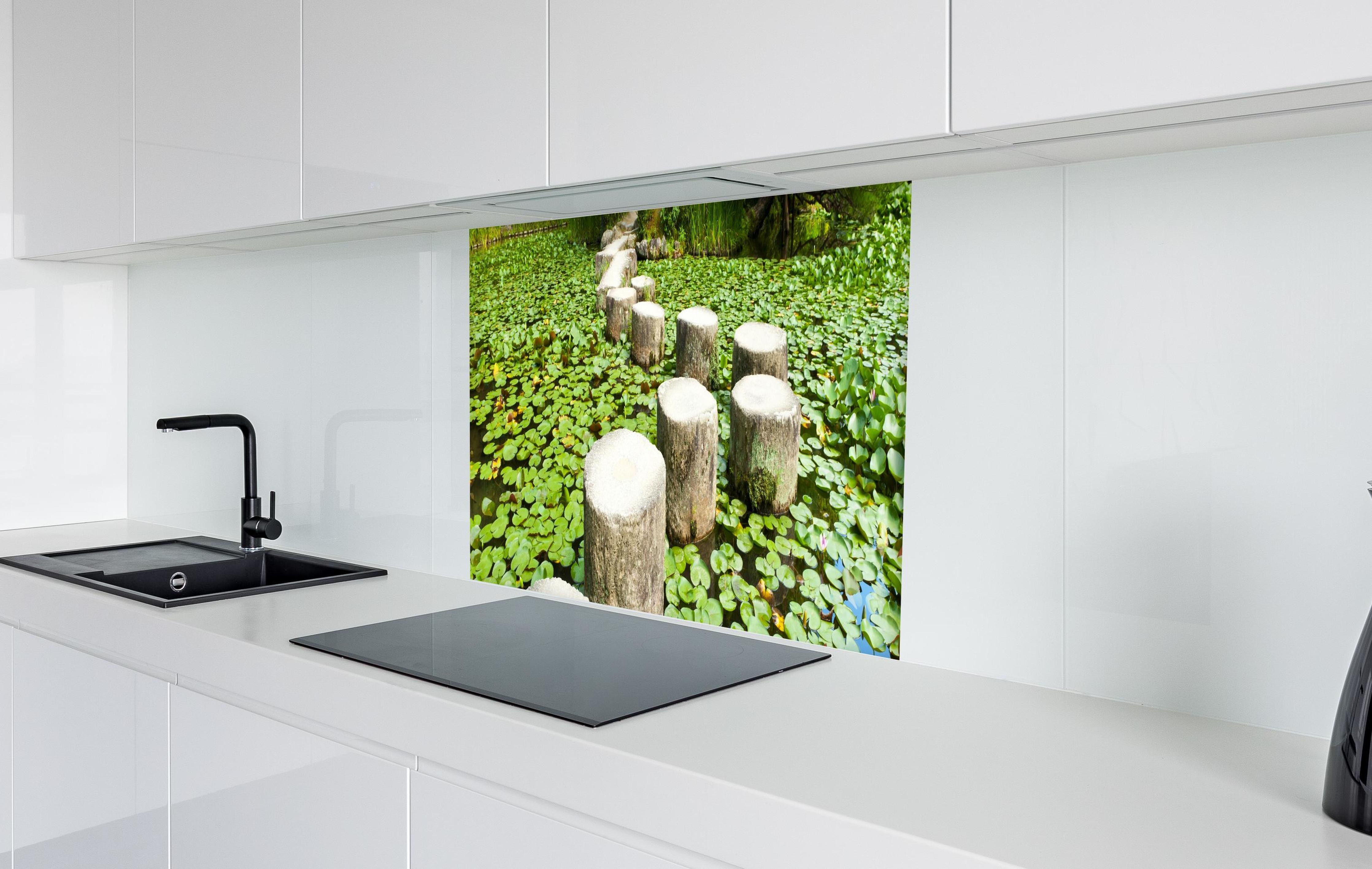Spritzschutz - Stein-Zen-Pfad umhüllt von Wasserpflanzen in weißer Hochglanz-Küche hinter einem Cerankochfeld