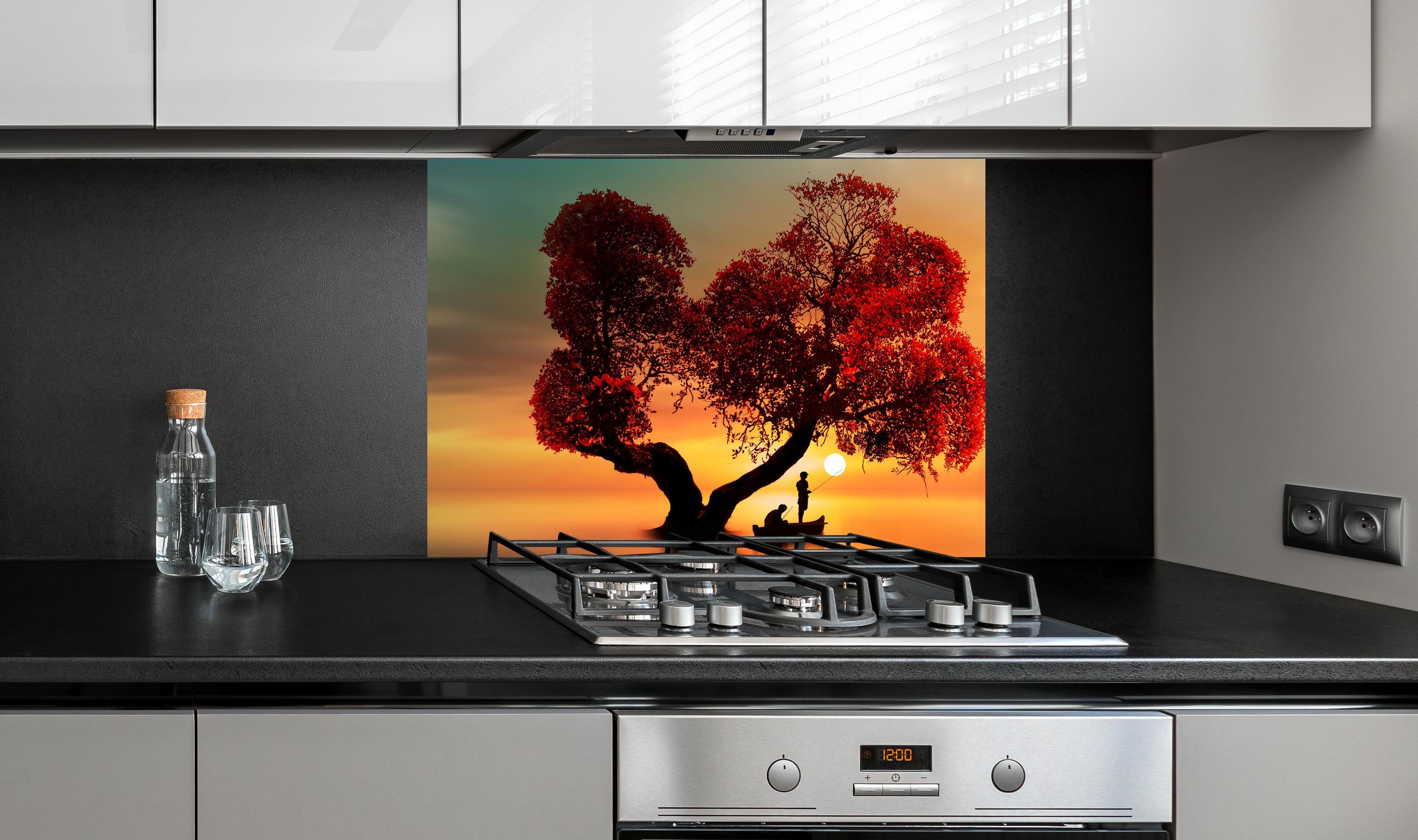 Spritzschutz - Surreale Fischer-Szenerie an edler Anthrazit-Wand hinter silbernem Gasherd