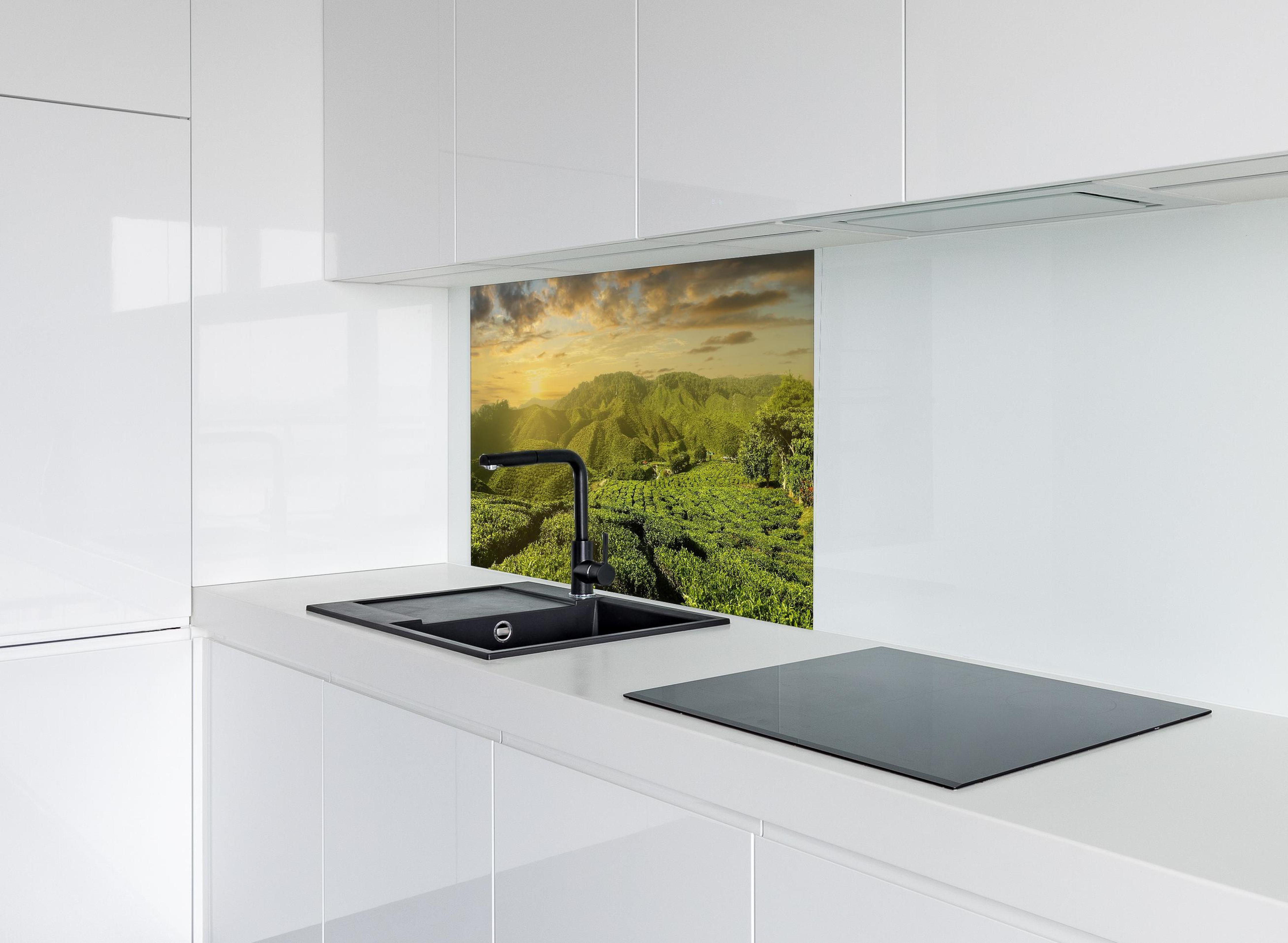 Spritzschutz - Teeplantage in Malaysia hinter modernem schwarz-matten Spülbecken in weißer Hochglanz-Küche