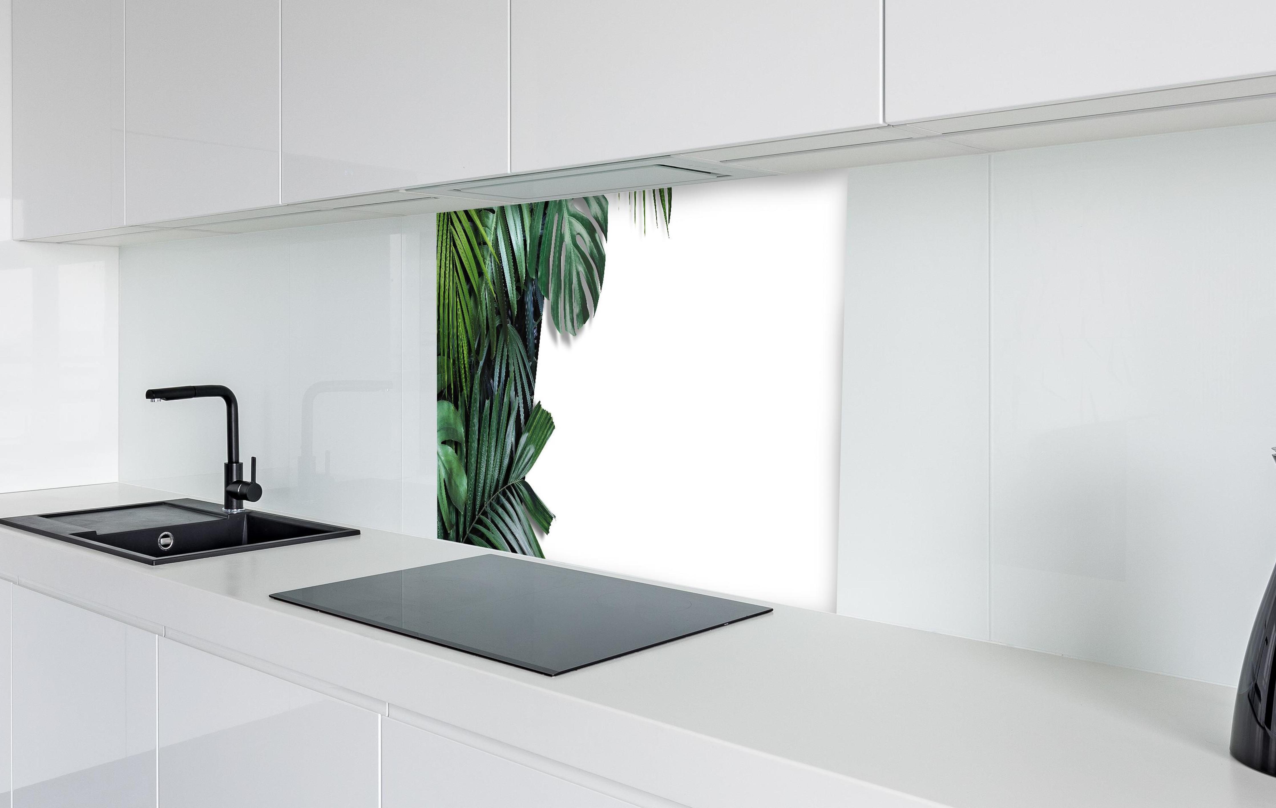 Spritzschutz - Tropische Blätter auf weißem Grund in weißer Hochglanz-Küche hinter einem Cerankochfeld