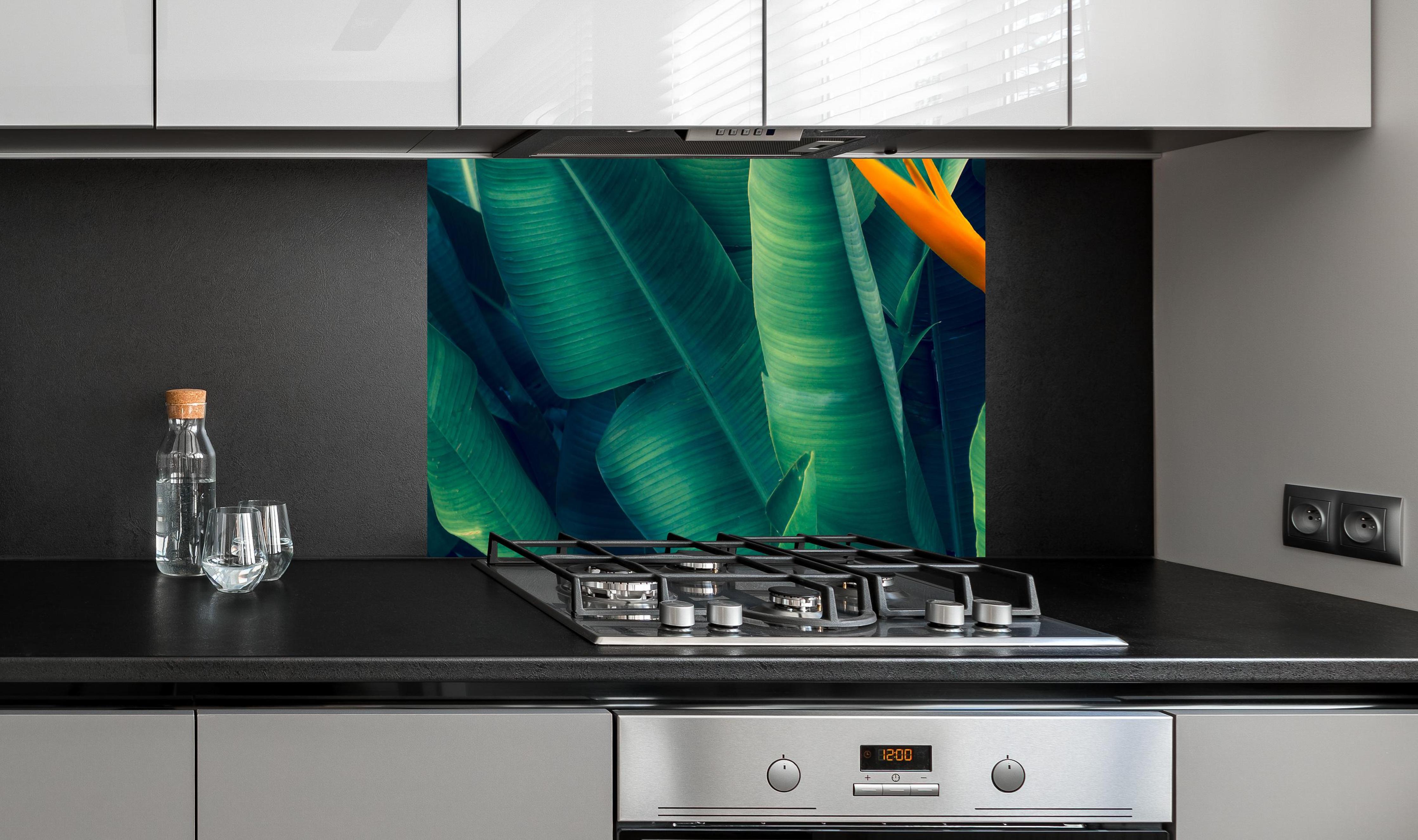 Spritzschutz - Tropische Blätter mit orangefarbiger Blume an edler Anthrazit-Wand hinter silbernem Gasherd