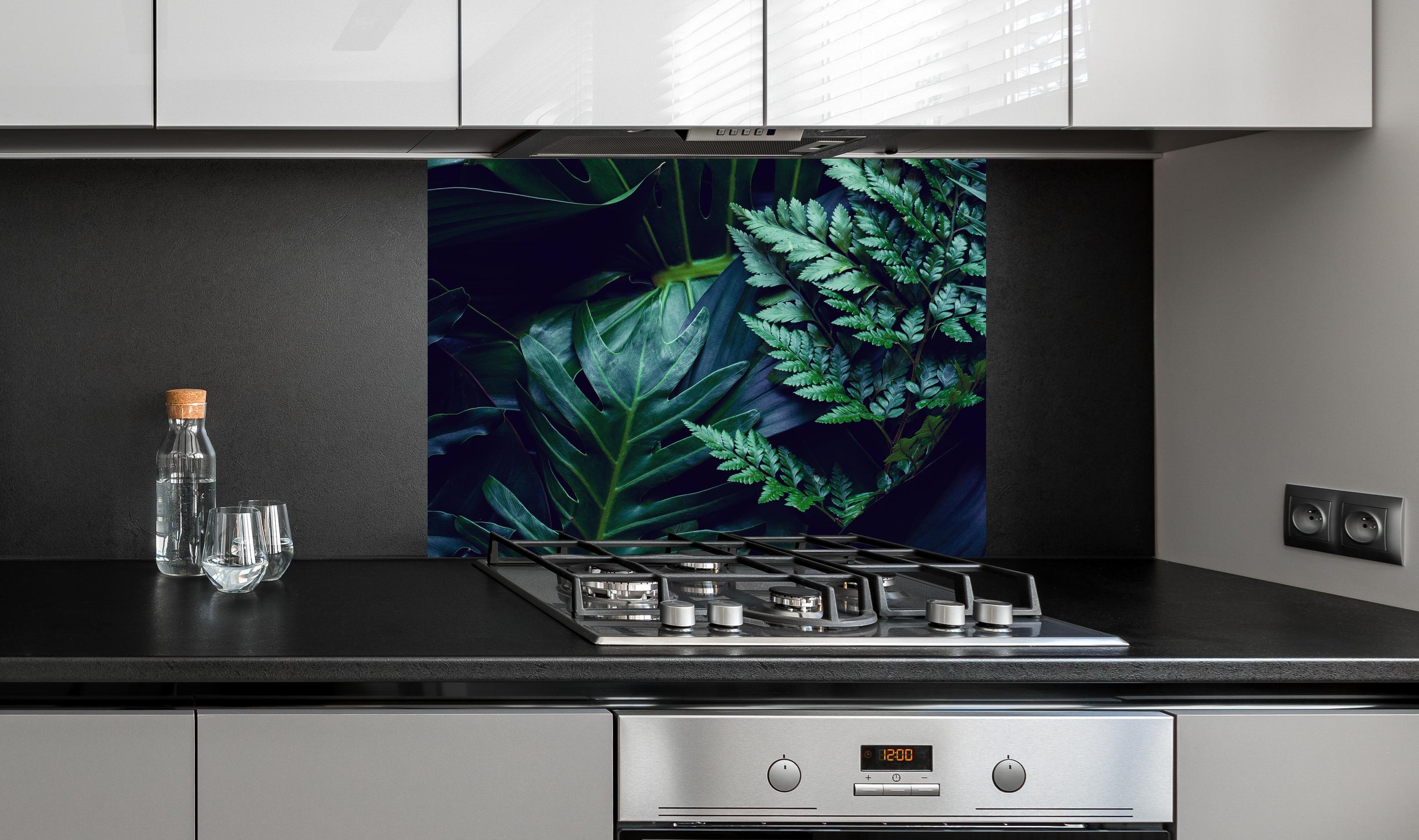 Spritzschutz - Tropischen grüne Blätter bei Nacht an edler Anthrazit-Wand hinter silbernem Gasherd