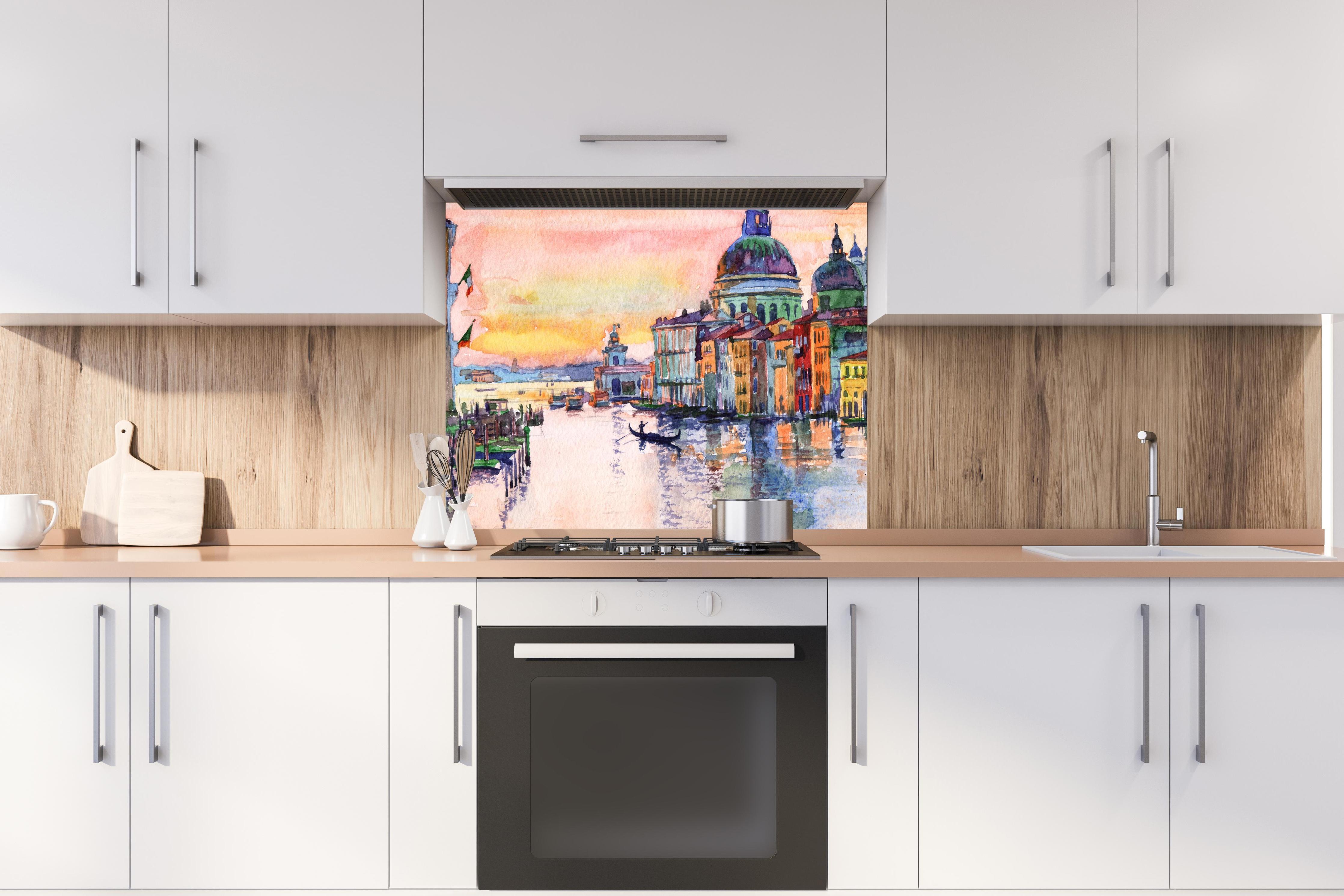 Spritzschutz - Venedig Aquarell hinter stilvollem Gasherd unter Dunstabzugshaube