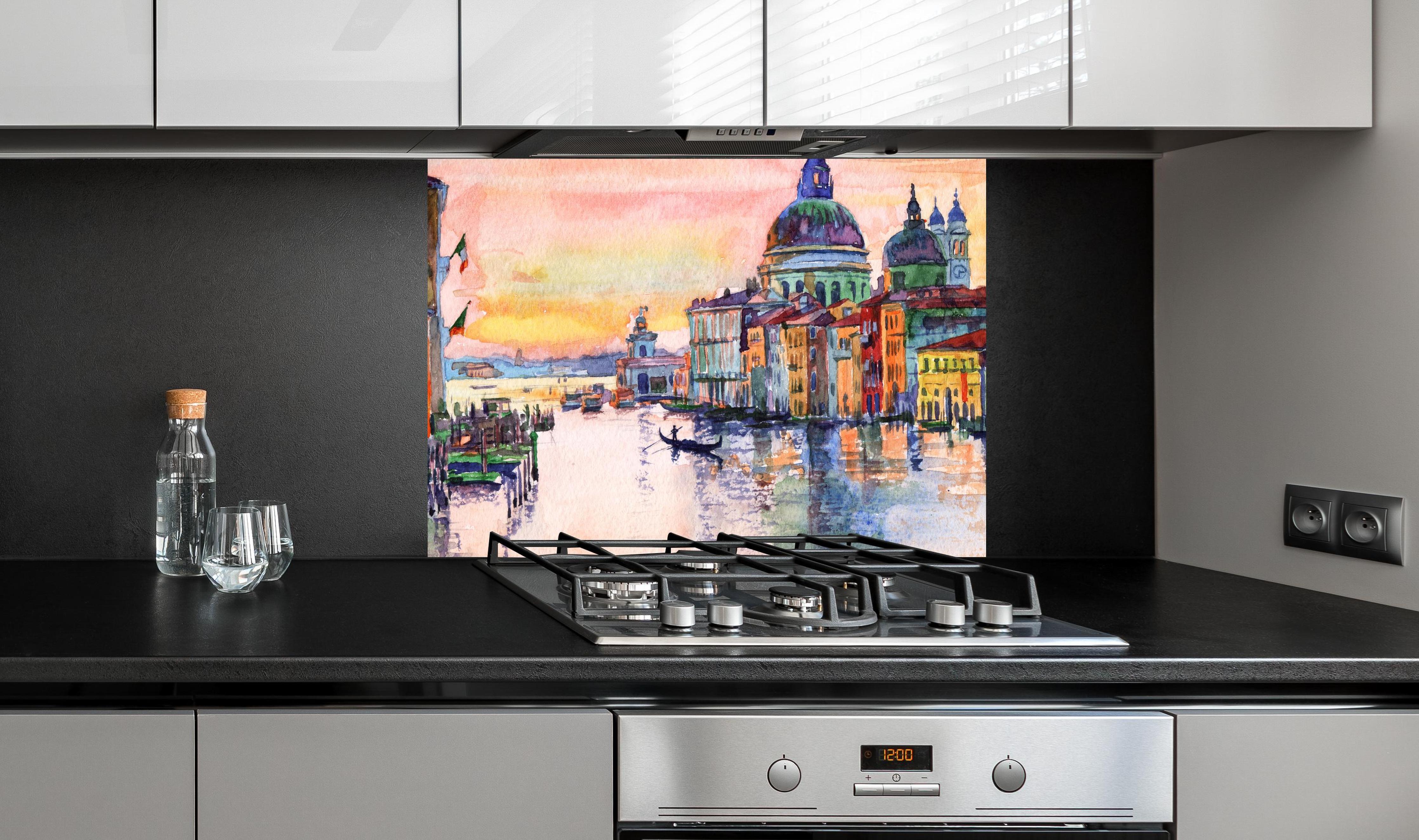Spritzschutz - Venedig Aquarell an edler Anthrazit-Wand hinter silbernem Gasherd