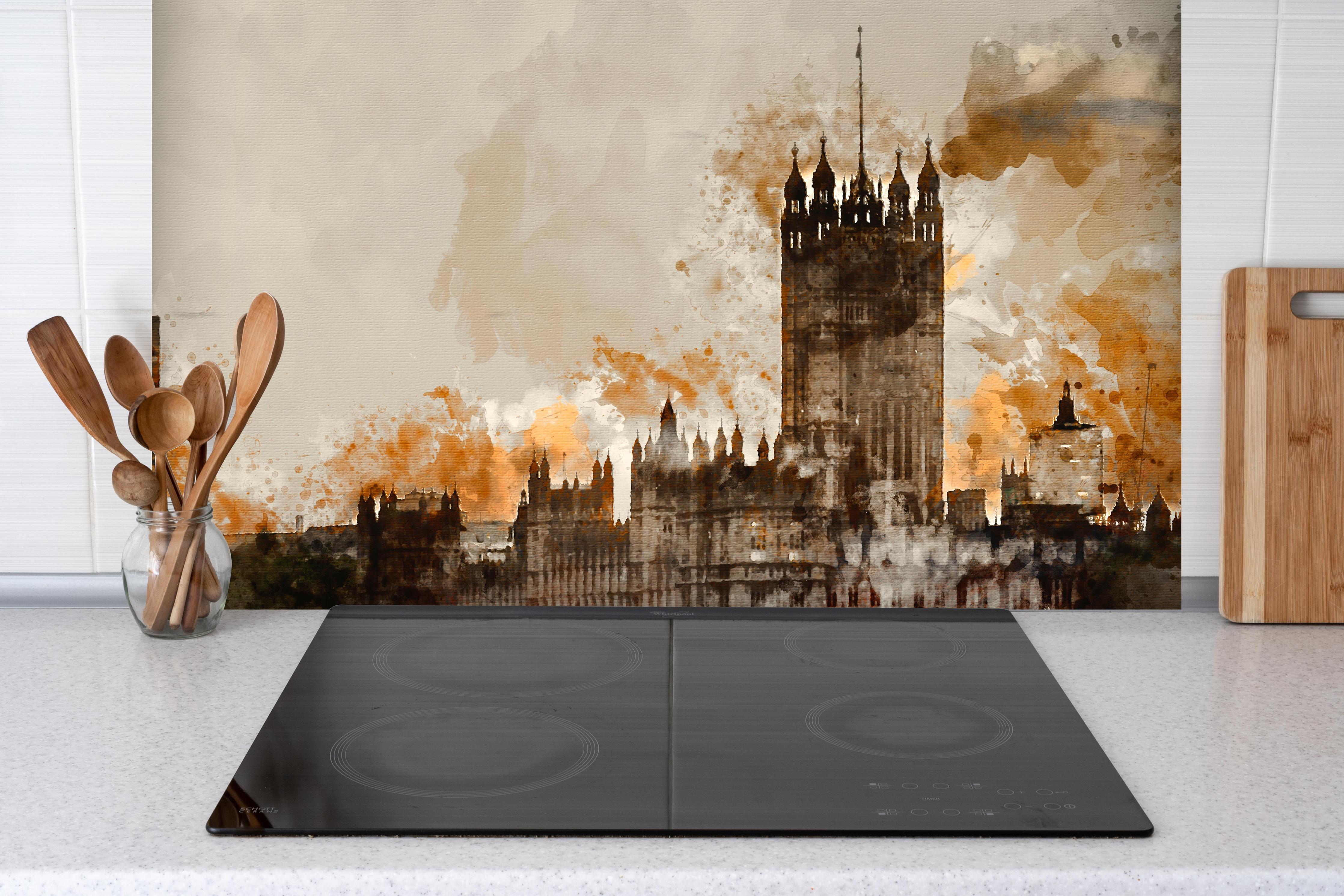 Spritzschutz - Vintage Aquarell von London hinter einem Cerankochfeld zwischen Holz-Kochutensilien