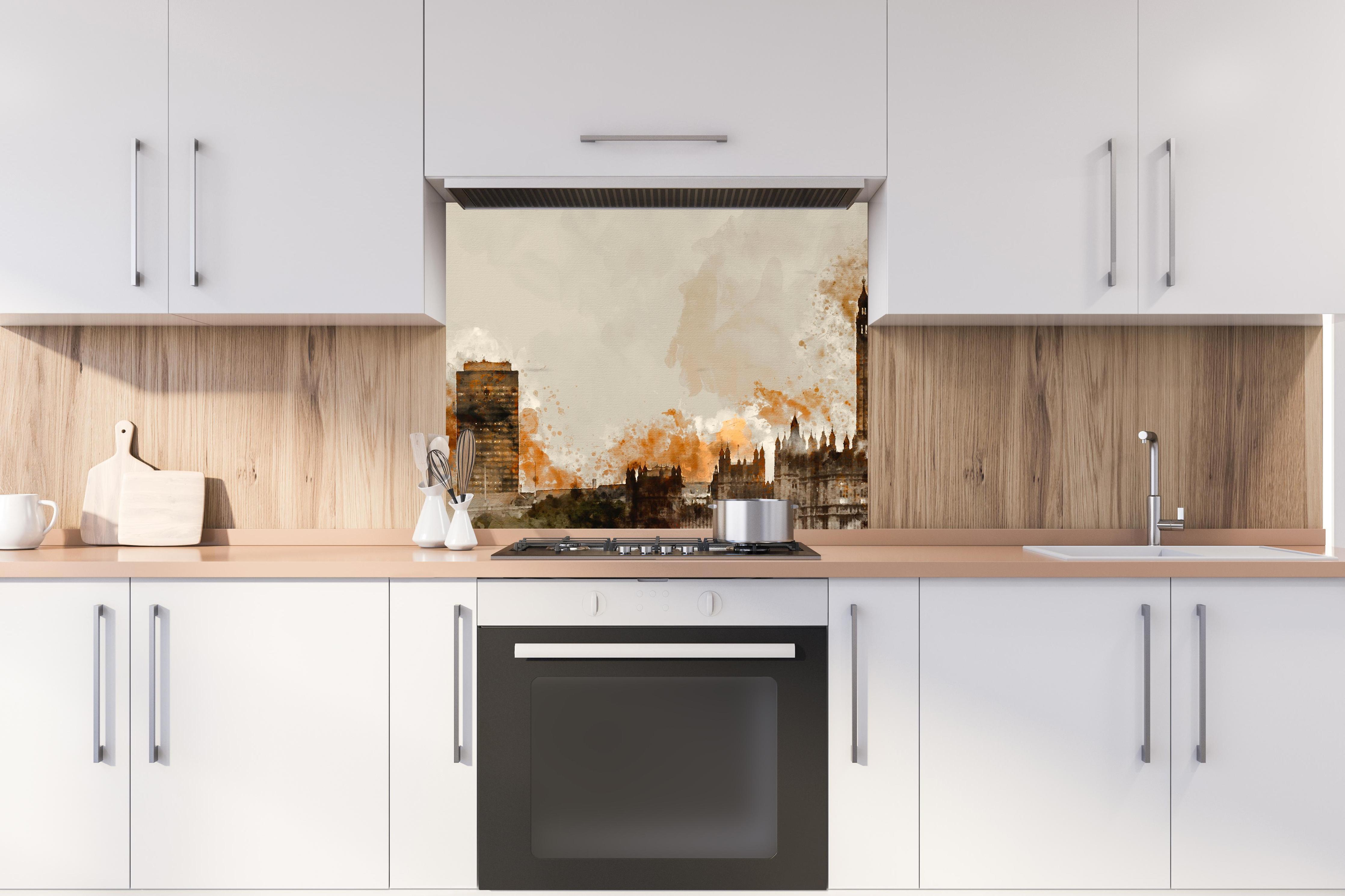 Spritzschutz - Vintage Aquarell von London hinter stilvollem Gasherd unter Dunstabzugshaube