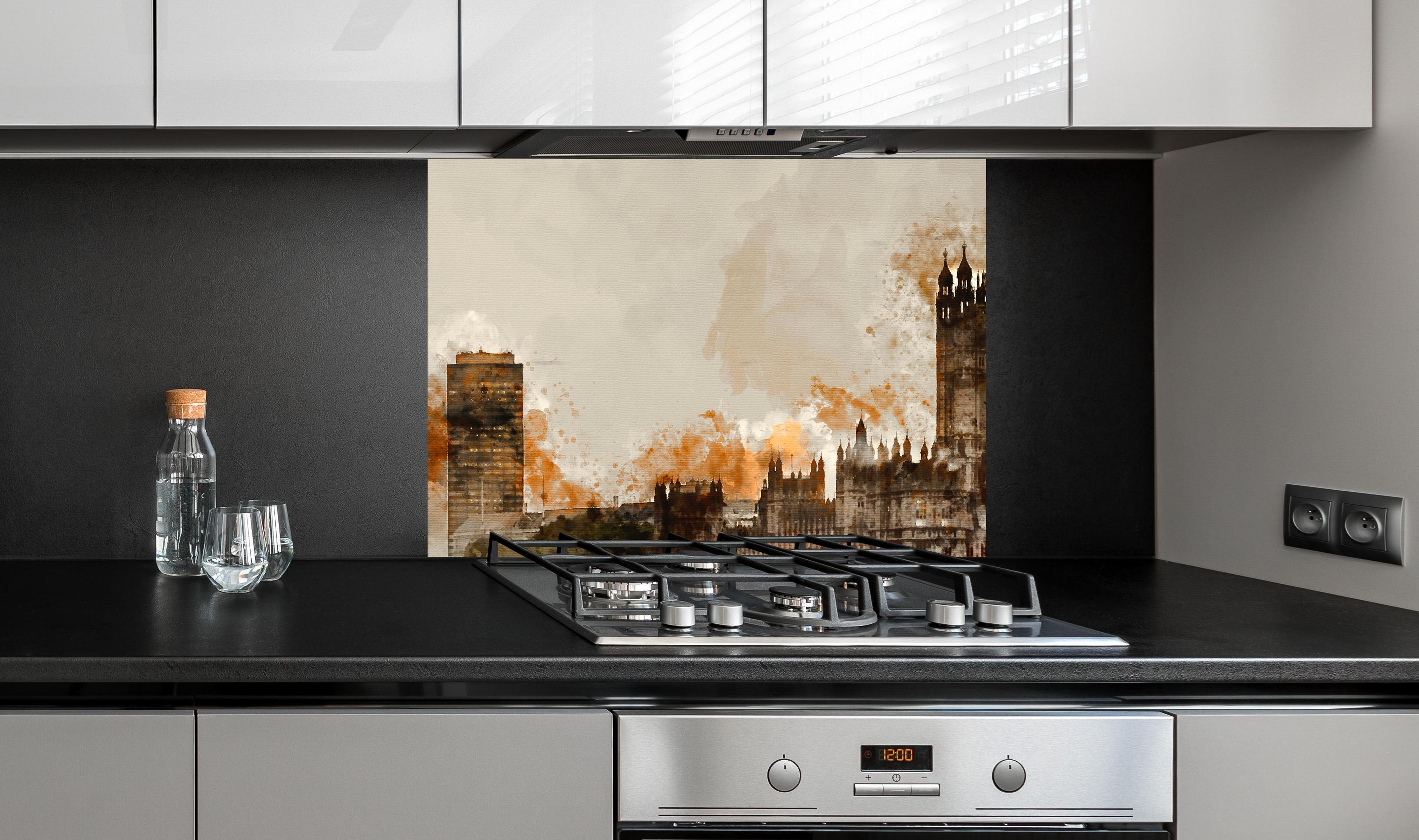 Spritzschutz - Vintage Aquarell von London an edler Anthrazit-Wand hinter silbernem Gasherd