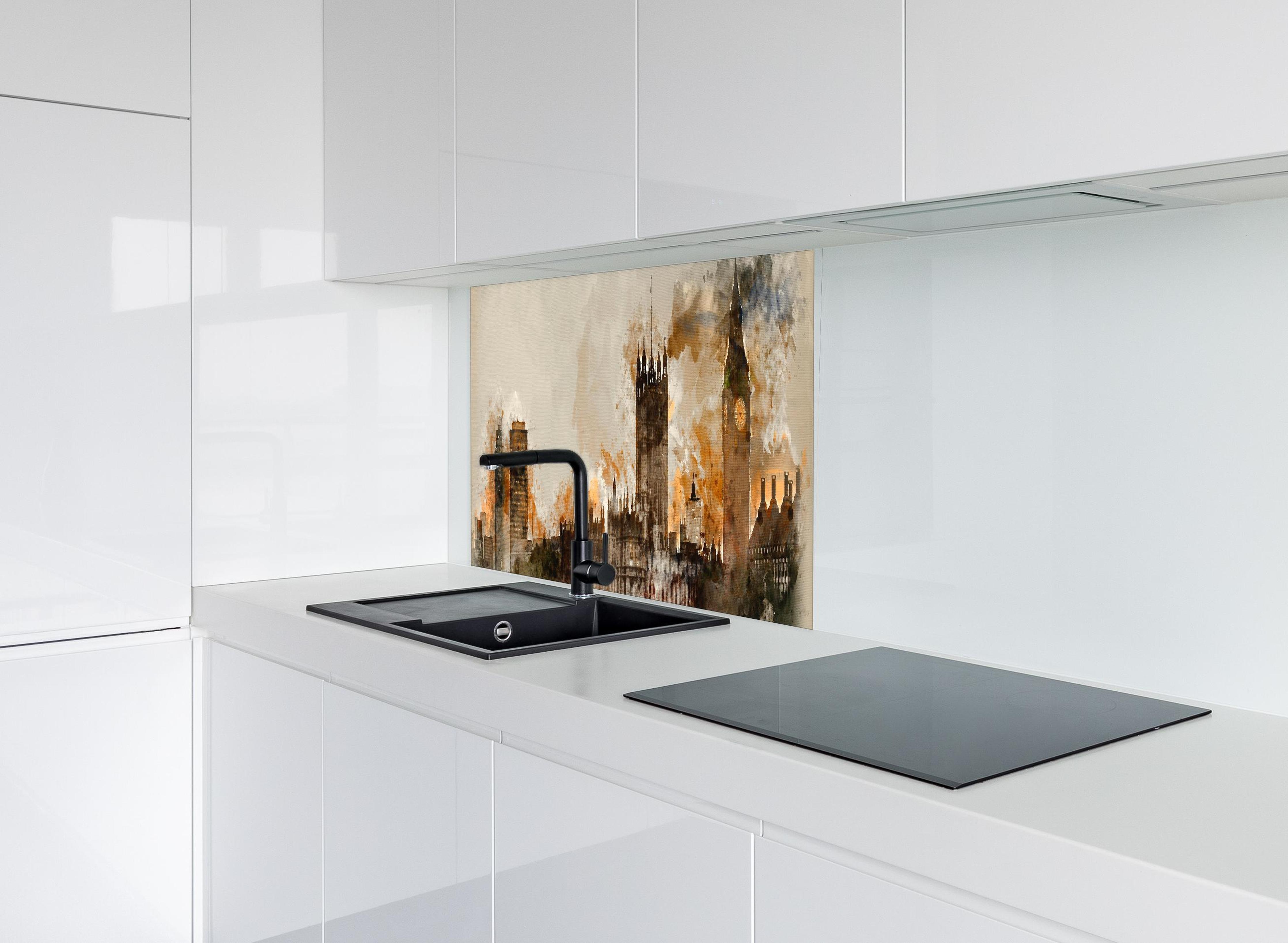 Spritzschutz - Vintage Aquarell von London hinter modernem schwarz-matten Spülbecken in weißer Hochglanz-Küche