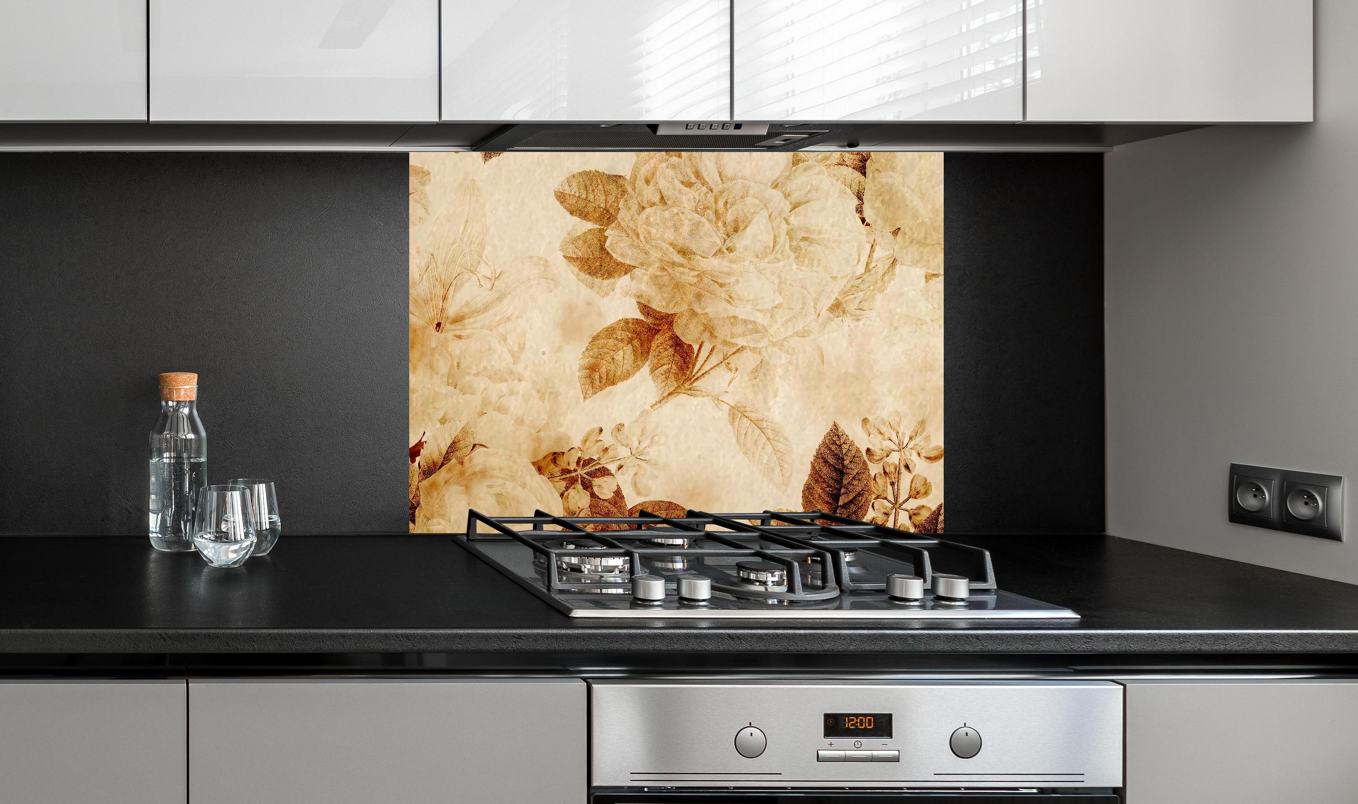 Spritzschutz - Vintage-Tapeten Blumen Muster an edler Anthrazit-Wand hinter silbernem Gasherd