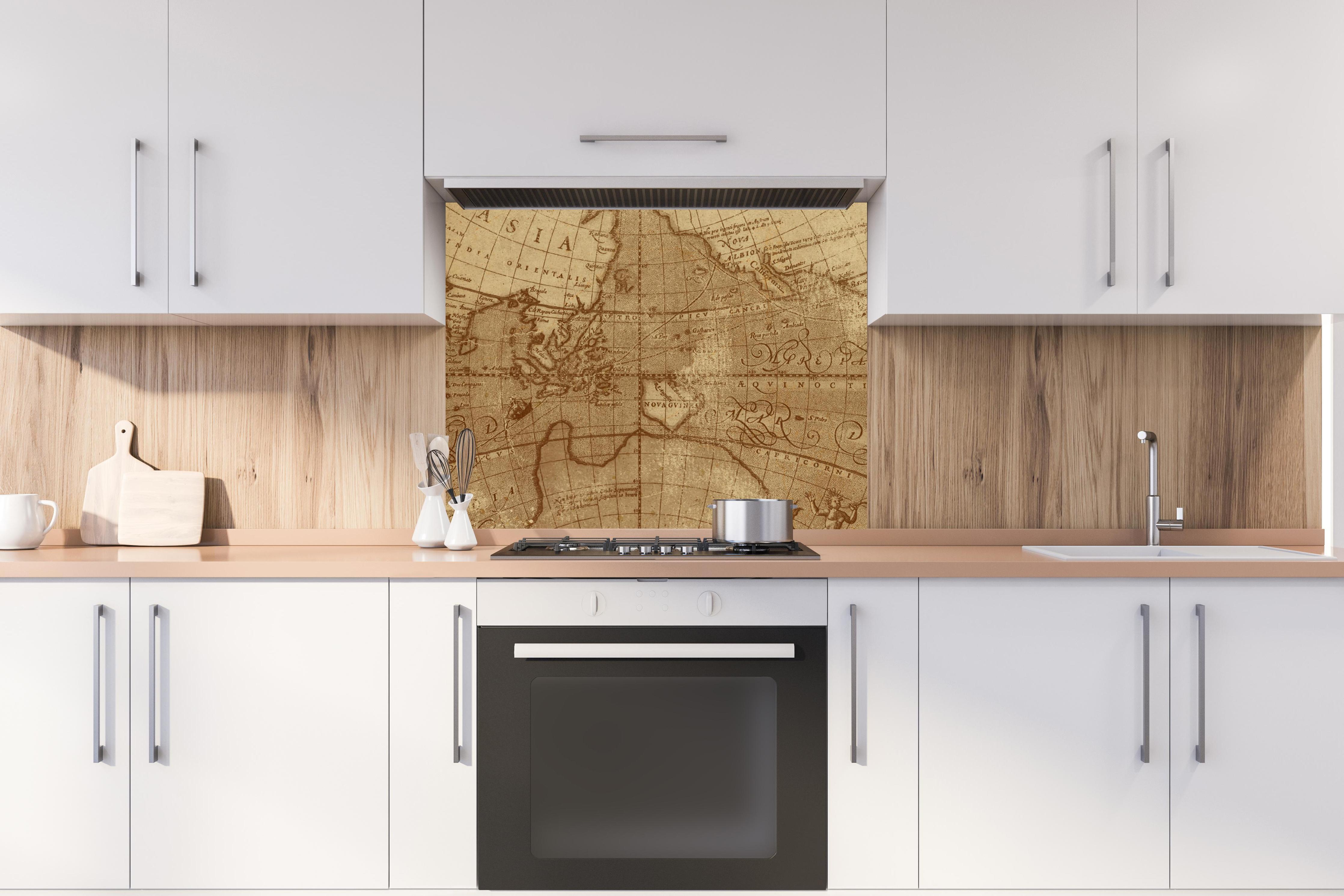 Spritzschutz - Vintage Weltkarte - abstrakt hinter stilvollem Gasherd unter Dunstabzugshaube