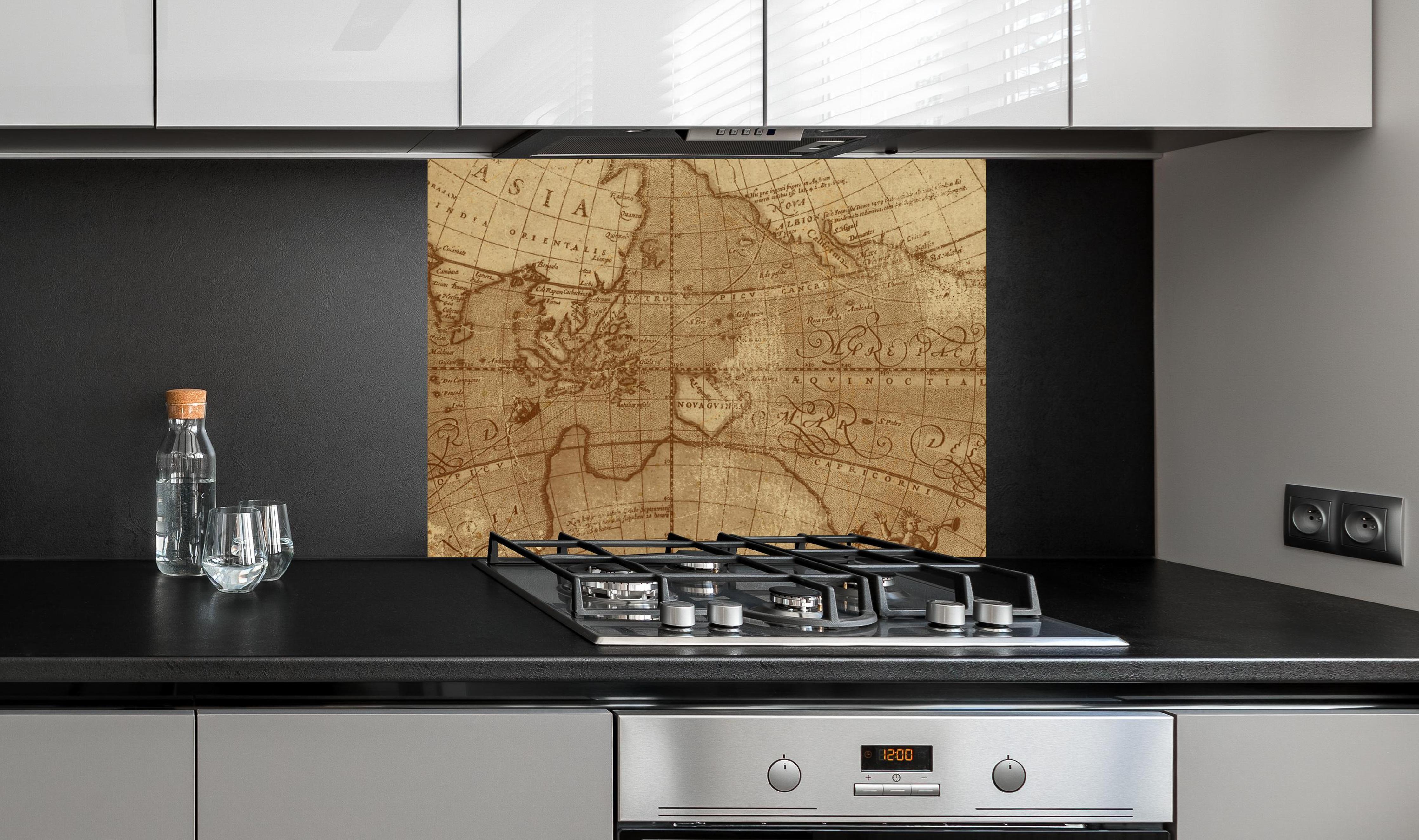 Spritzschutz - Vintage Weltkarte - abstrakt an edler Anthrazit-Wand hinter silbernem Gasherd
