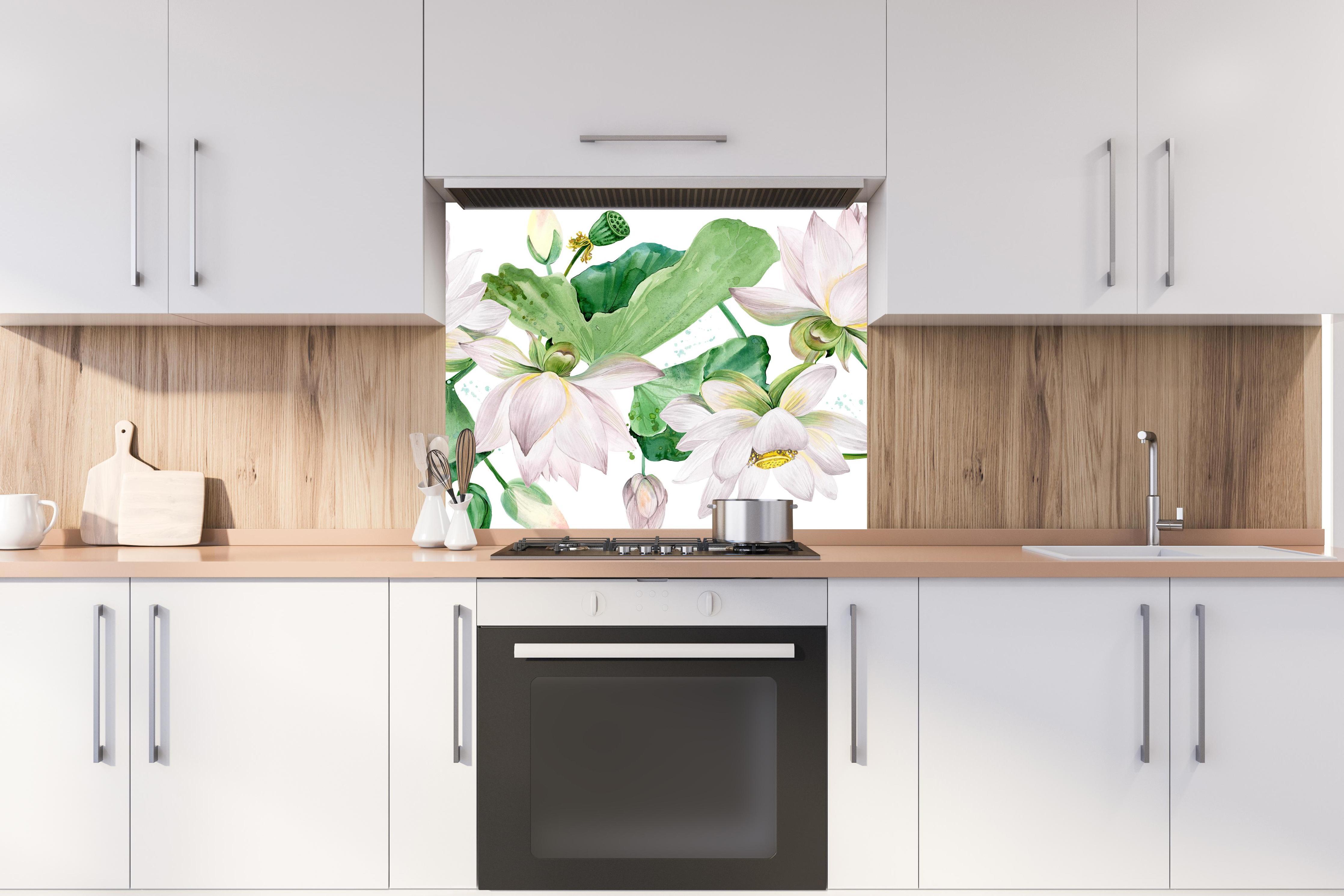 Spritzschutz - Weiße Lotusblumen - nahtlose Muster hinter stilvollem Gasherd unter Dunstabzugshaube