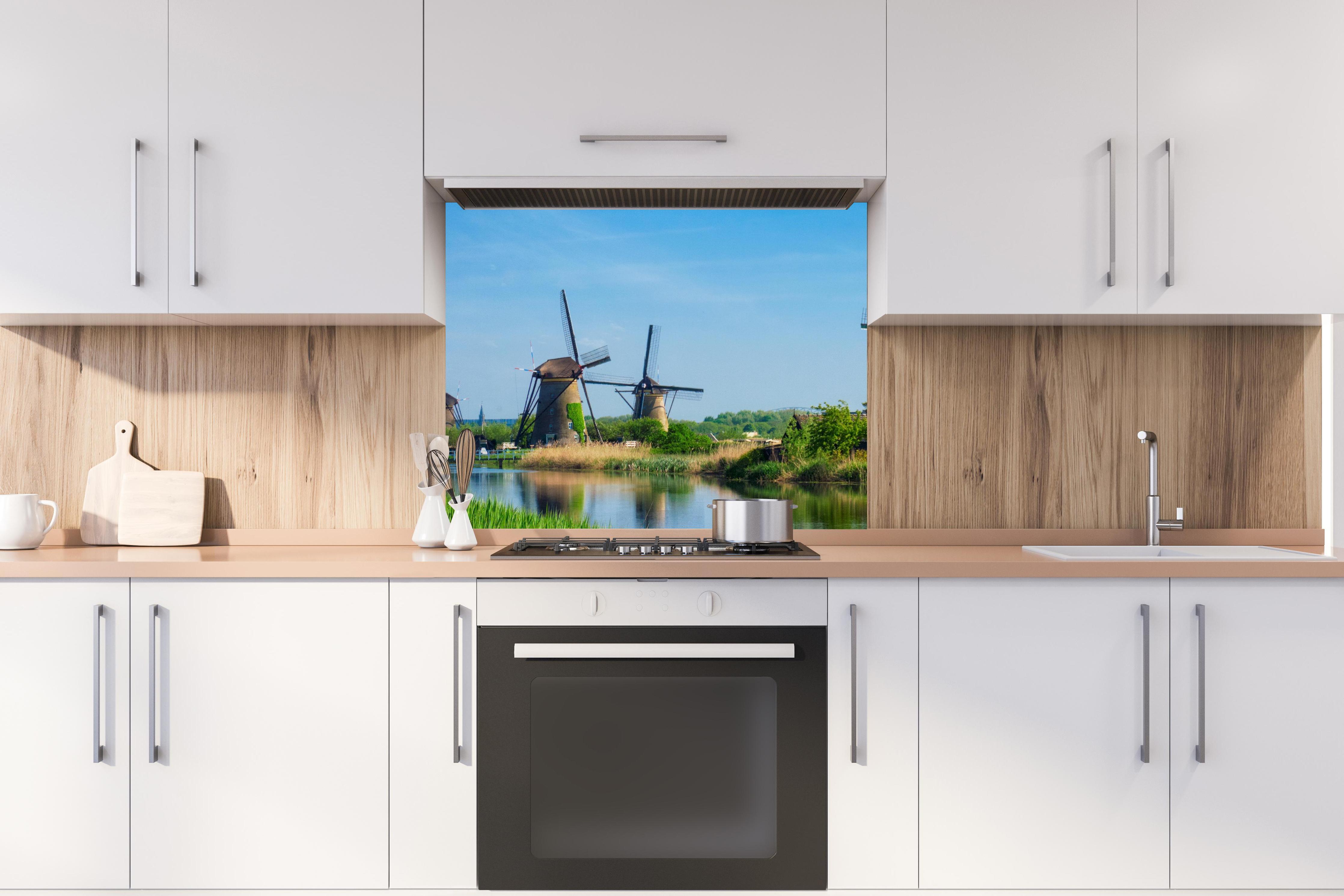 Spritzschutz - Windmühlen in Kinderdijk - Holland hinter stilvollem Gasherd unter Dunstabzugshaube
