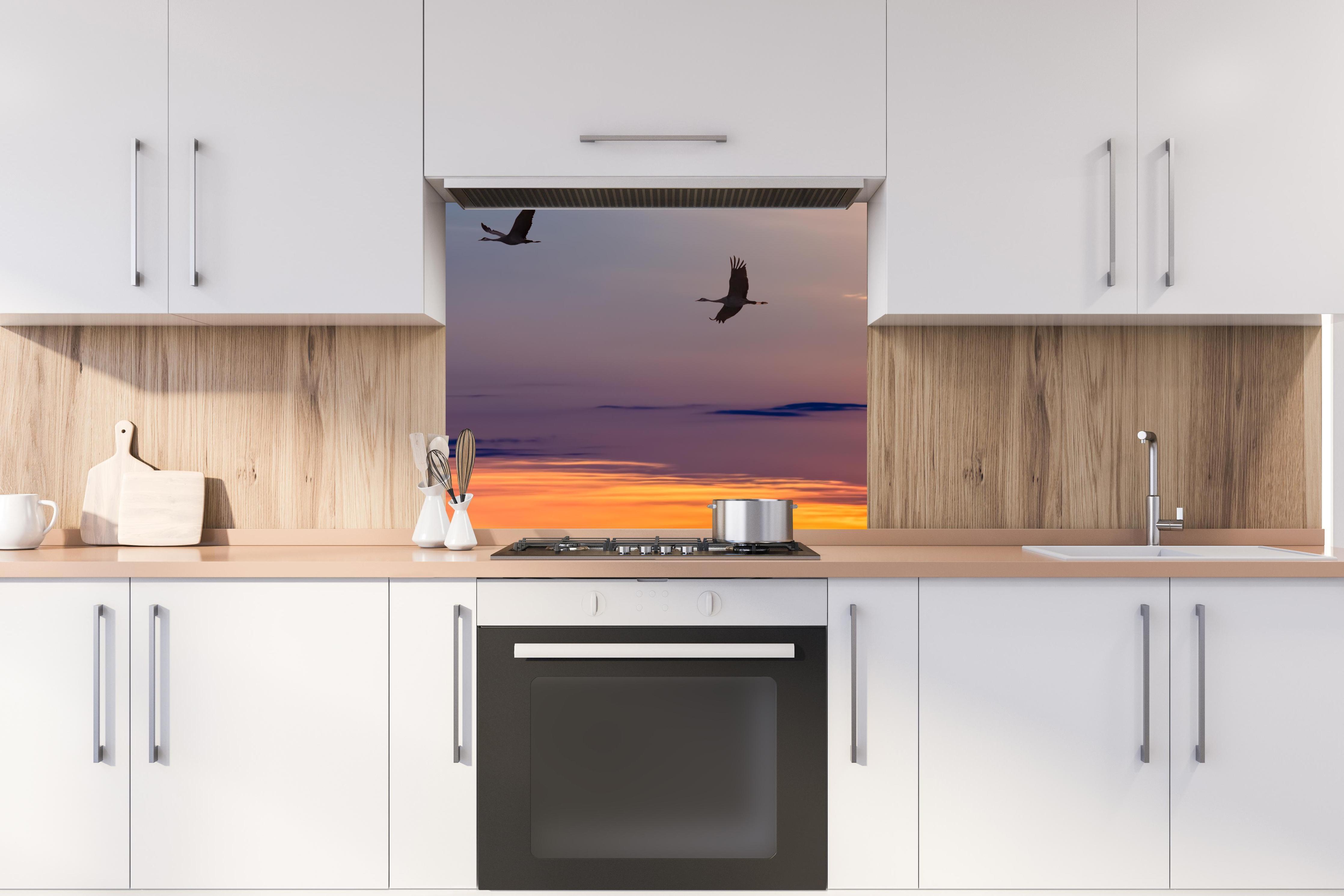 Spritzschutz - Zugvögel fliegen bei Sonnenuntergang hinter stilvollem Gasherd unter Dunstabzugshaube