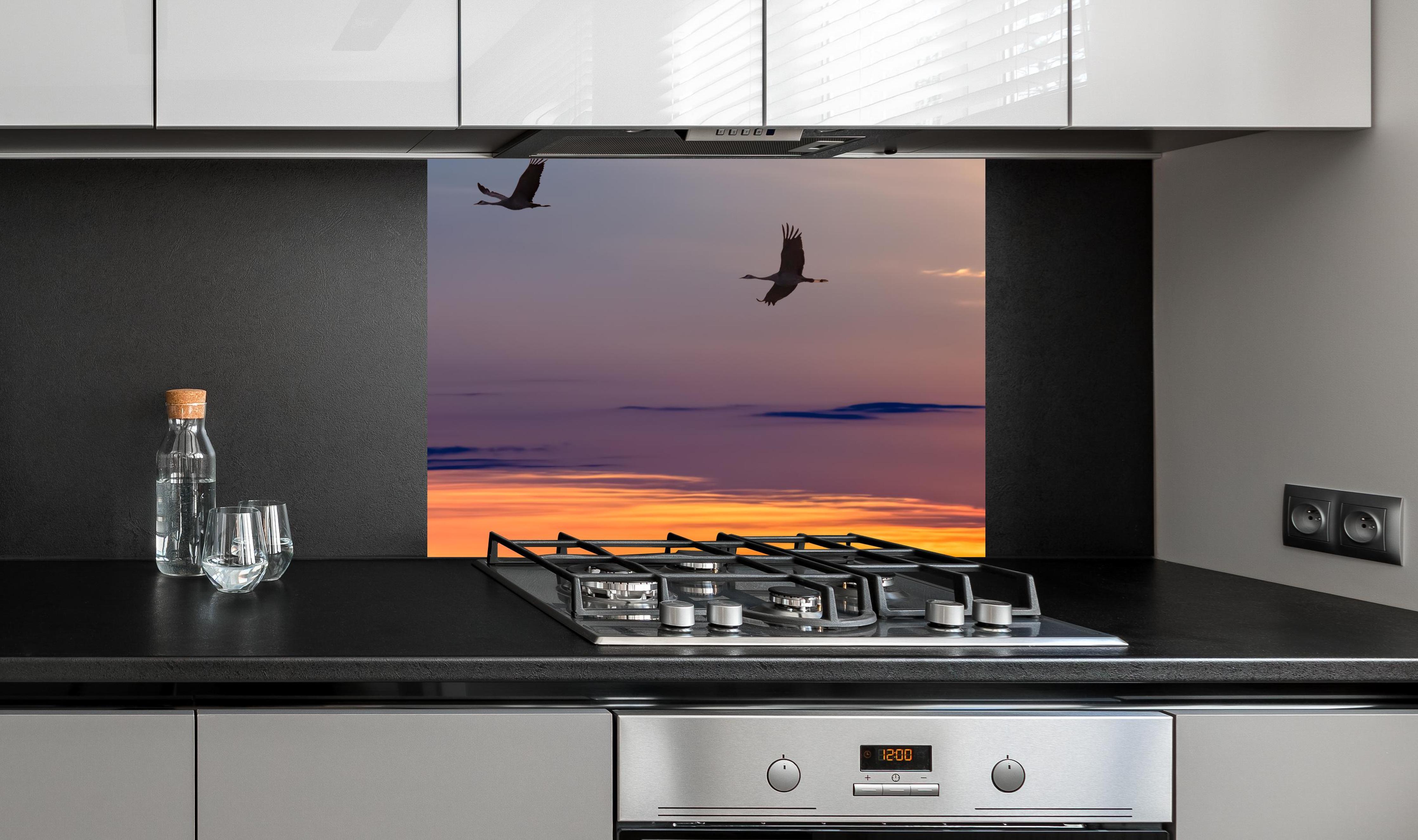 Spritzschutz - Zugvögel fliegen bei Sonnenuntergang an edler Anthrazit-Wand hinter silbernem Gasherd