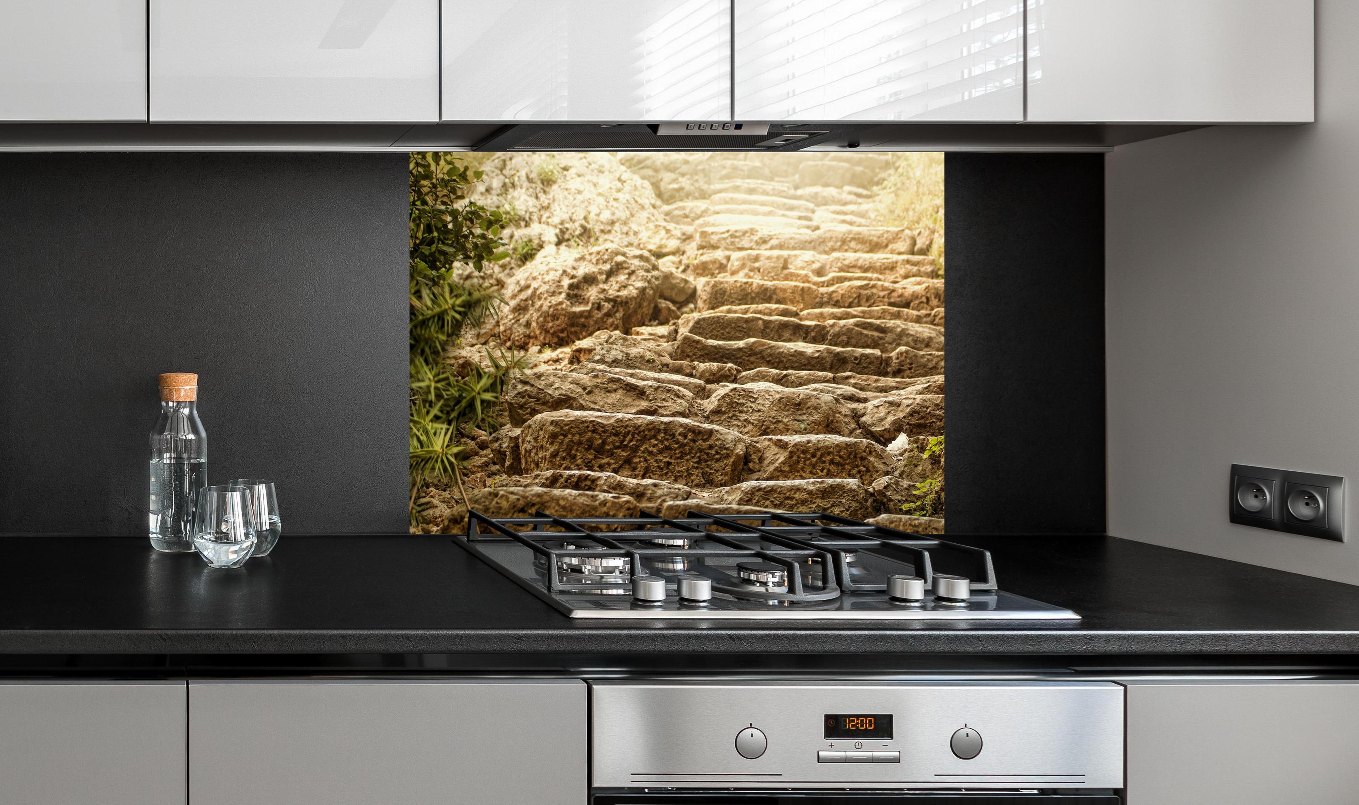 Spritzschutz - bewachsene Steintreppen in der Natur an edler Anthrazit-Wand hinter silbernem Gasherd