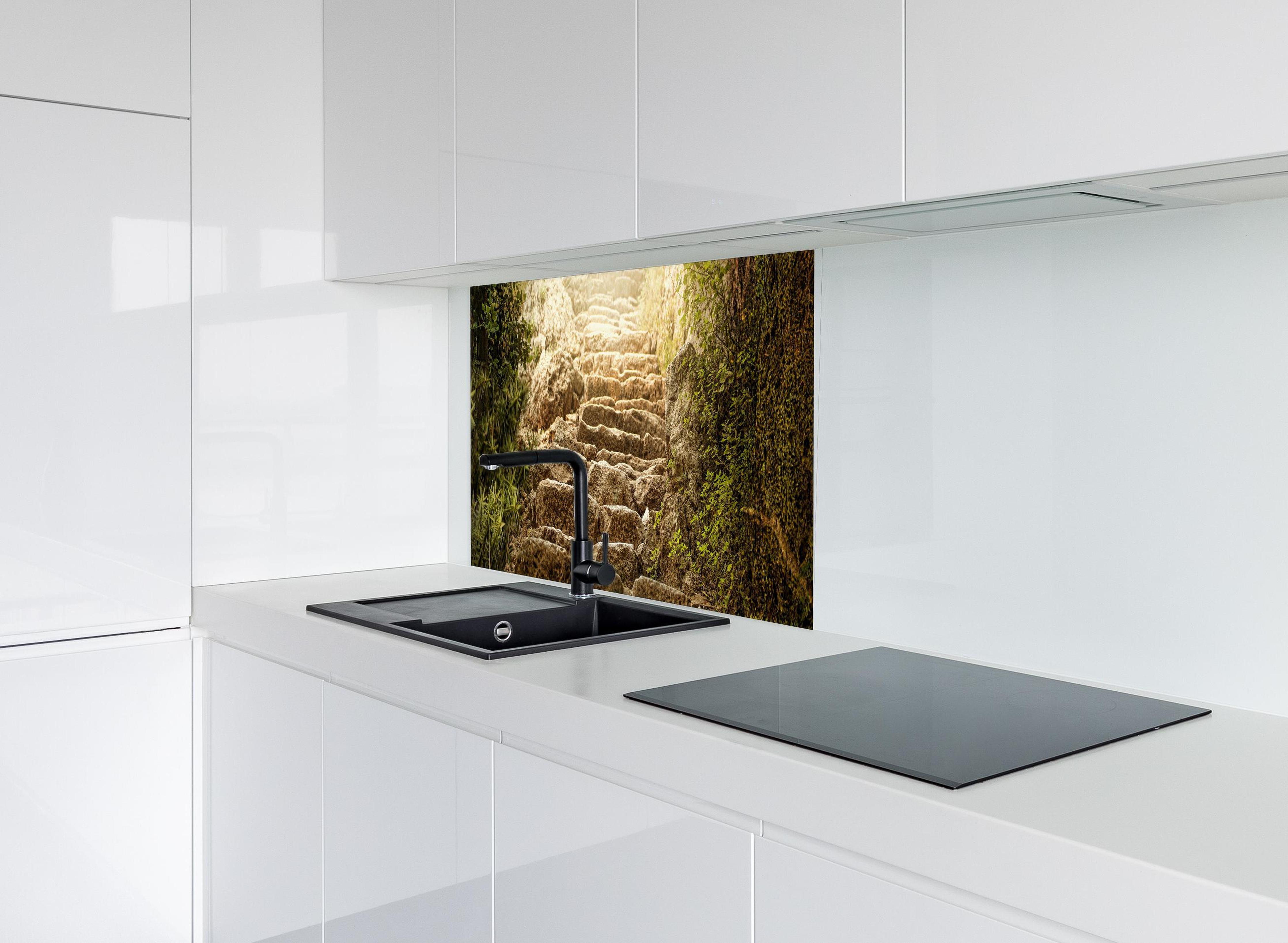 Spritzschutz - bewachsene Steintreppen in der Natur hinter modernem schwarz-matten Spülbecken in weißer Hochglanz-Küche