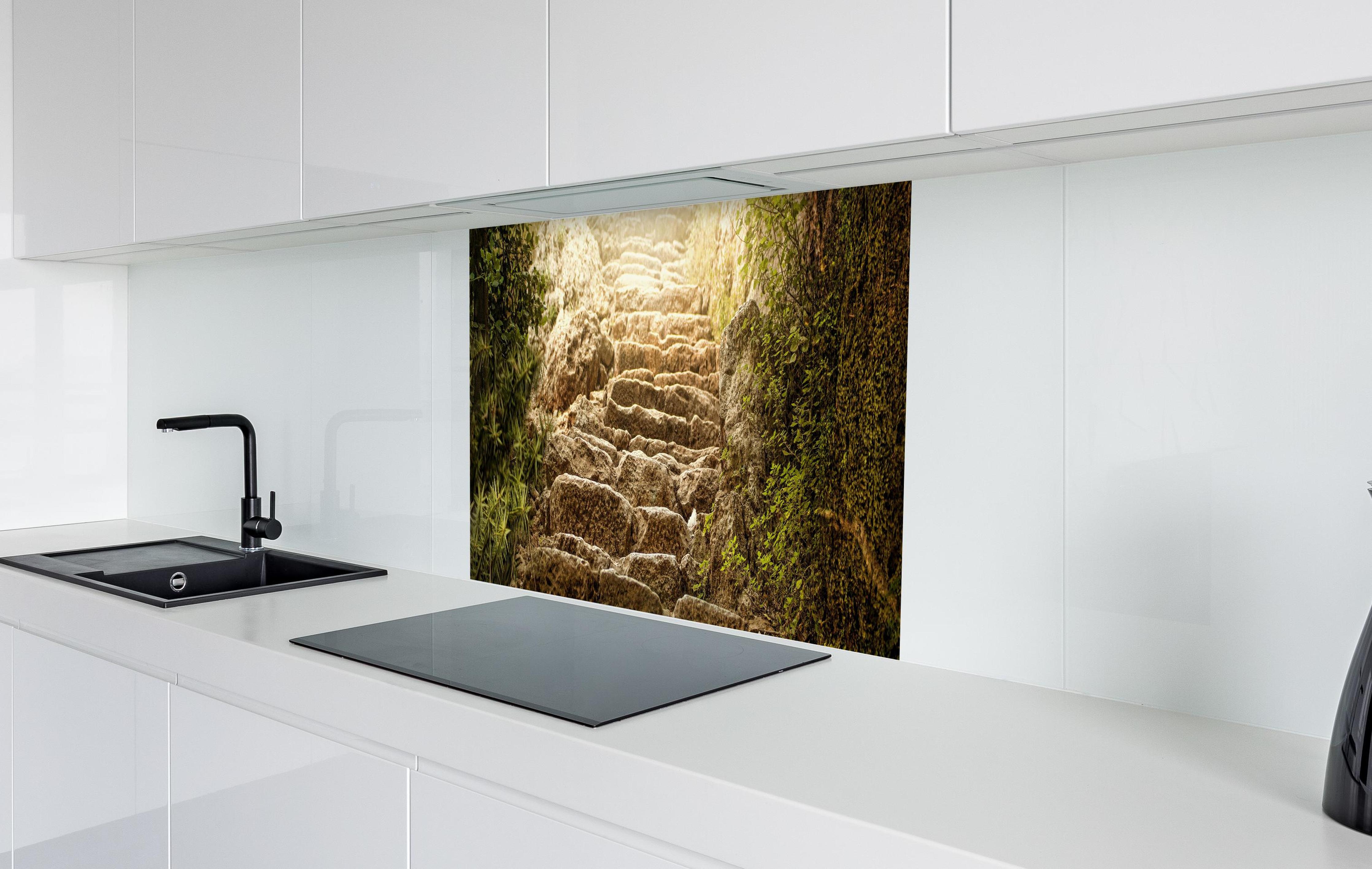Spritzschutz - bewachsene Steintreppen in der Natur in weißer Hochglanz-Küche hinter einem Cerankochfeld