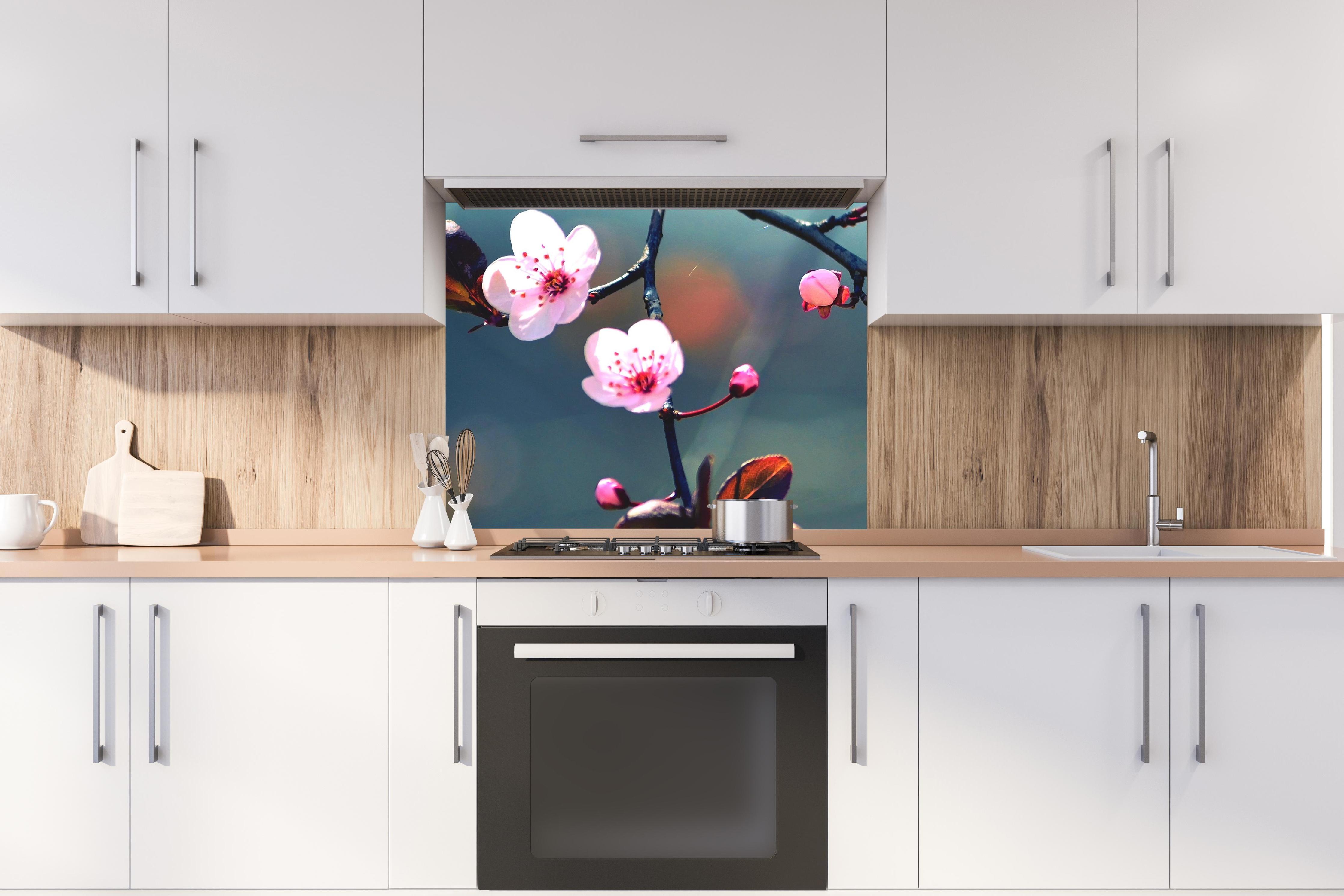 Spritzschutz - blühender japanischer Kirchblütenbaum hinter stilvollem Gasherd unter Dunstabzugshaube