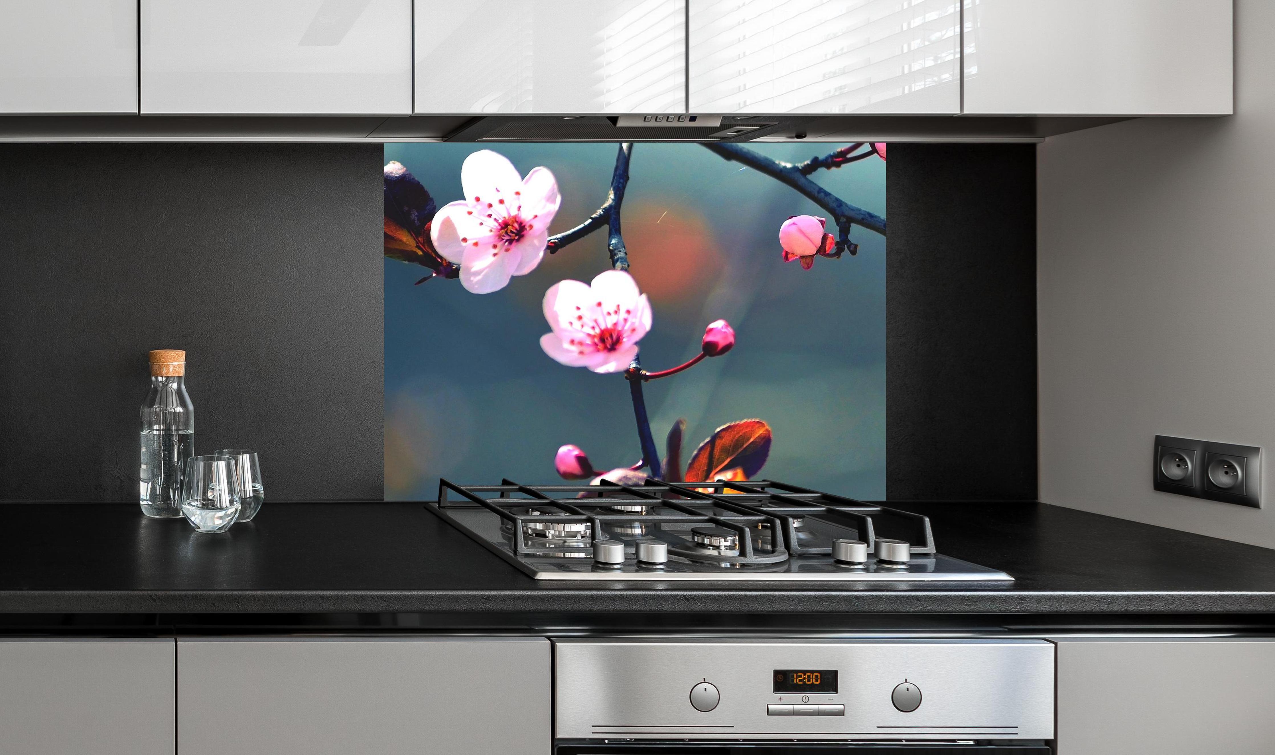 Spritzschutz - blühender japanischer Kirchblütenbaum an edler Anthrazit-Wand hinter silbernem Gasherd