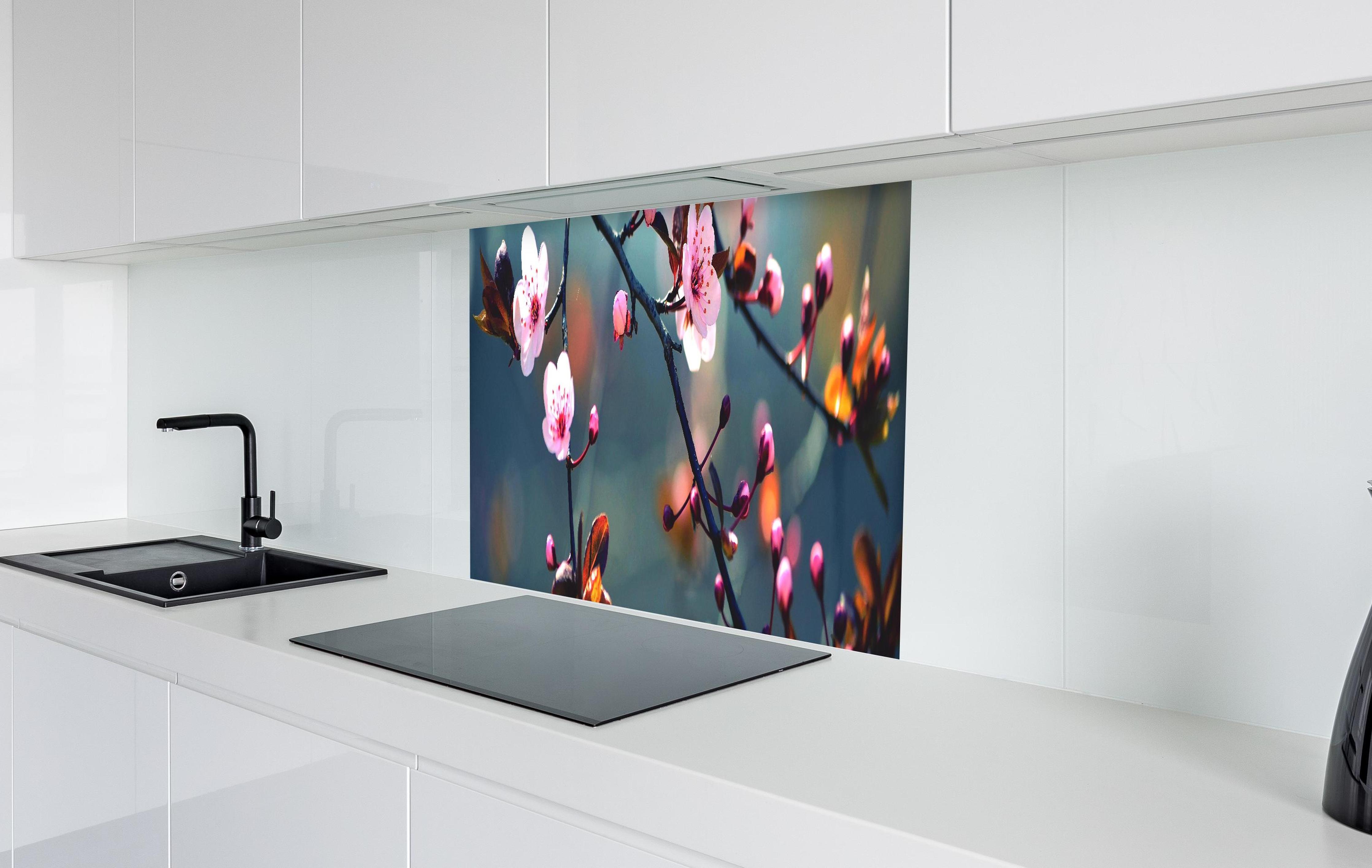 Spritzschutz - blühender japanischer Kirchblütenbaum in weißer Hochglanz-Küche hinter einem Cerankochfeld