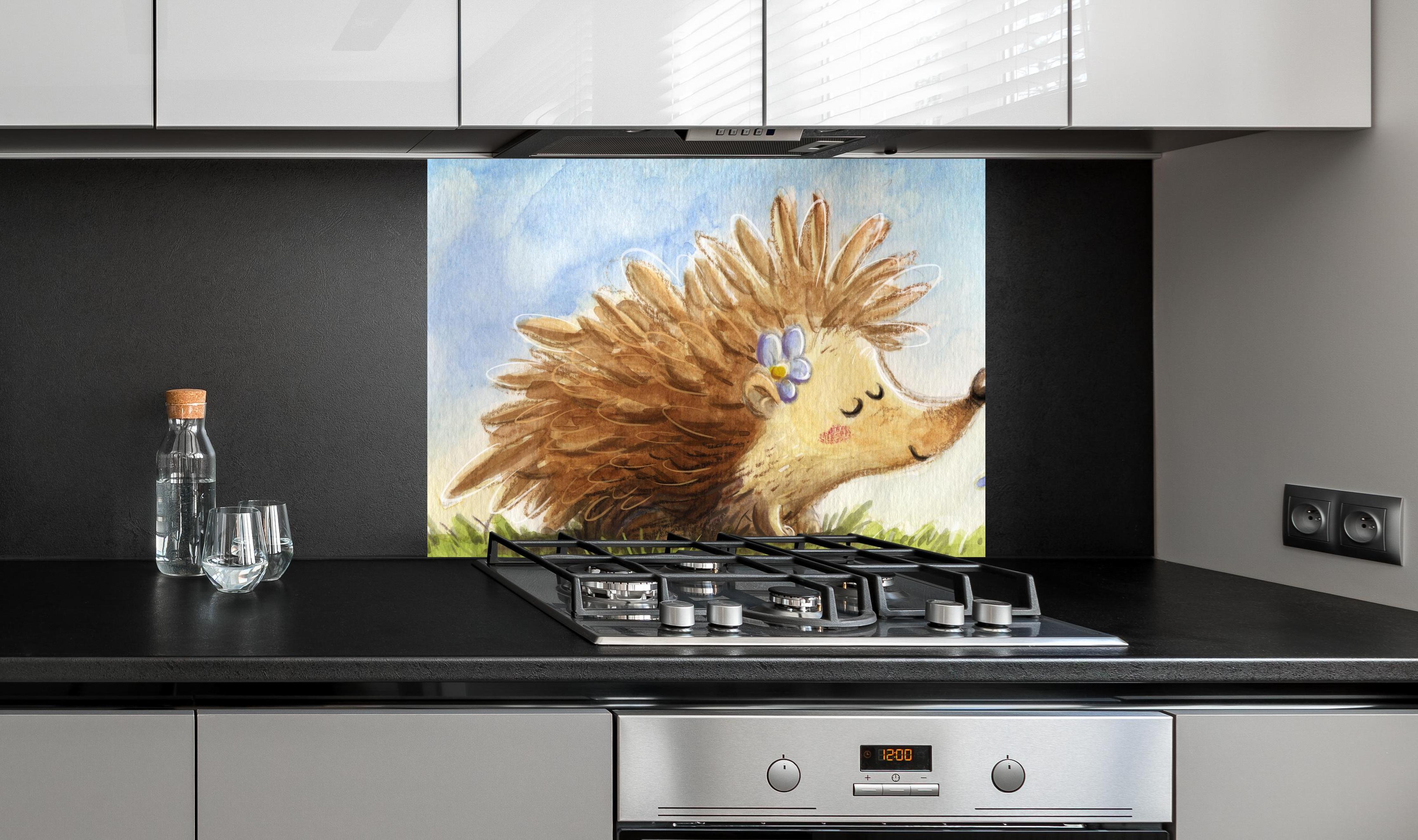 Spritzschutz - fröhlicher Igel auf einer Wiese an edler Anthrazit-Wand hinter silbernem Gasherd