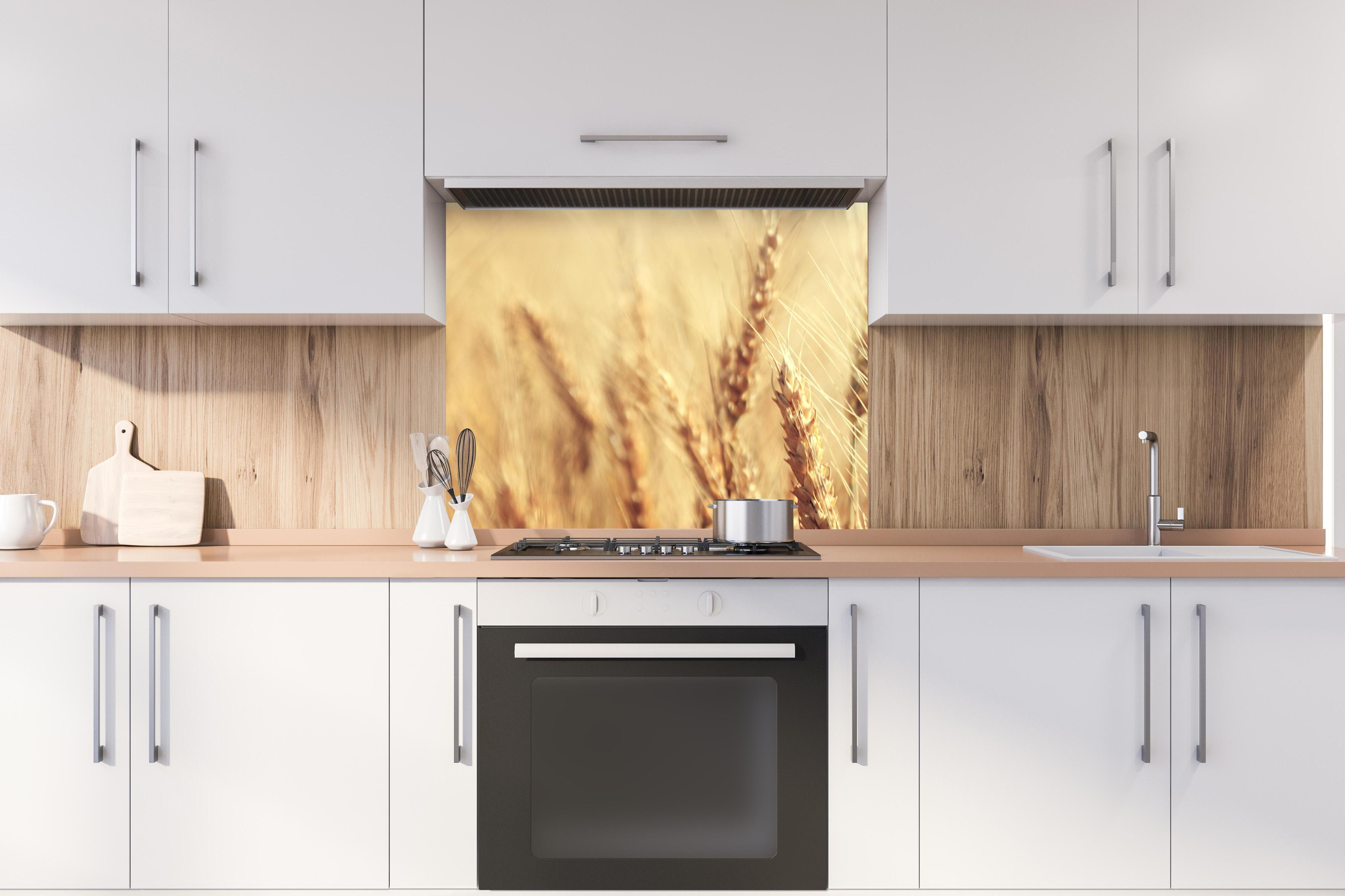 Spritzschutz - goldenes Weizenfeld in der Sonne hinter stilvollem Gasherd unter Dunstabzugshaube