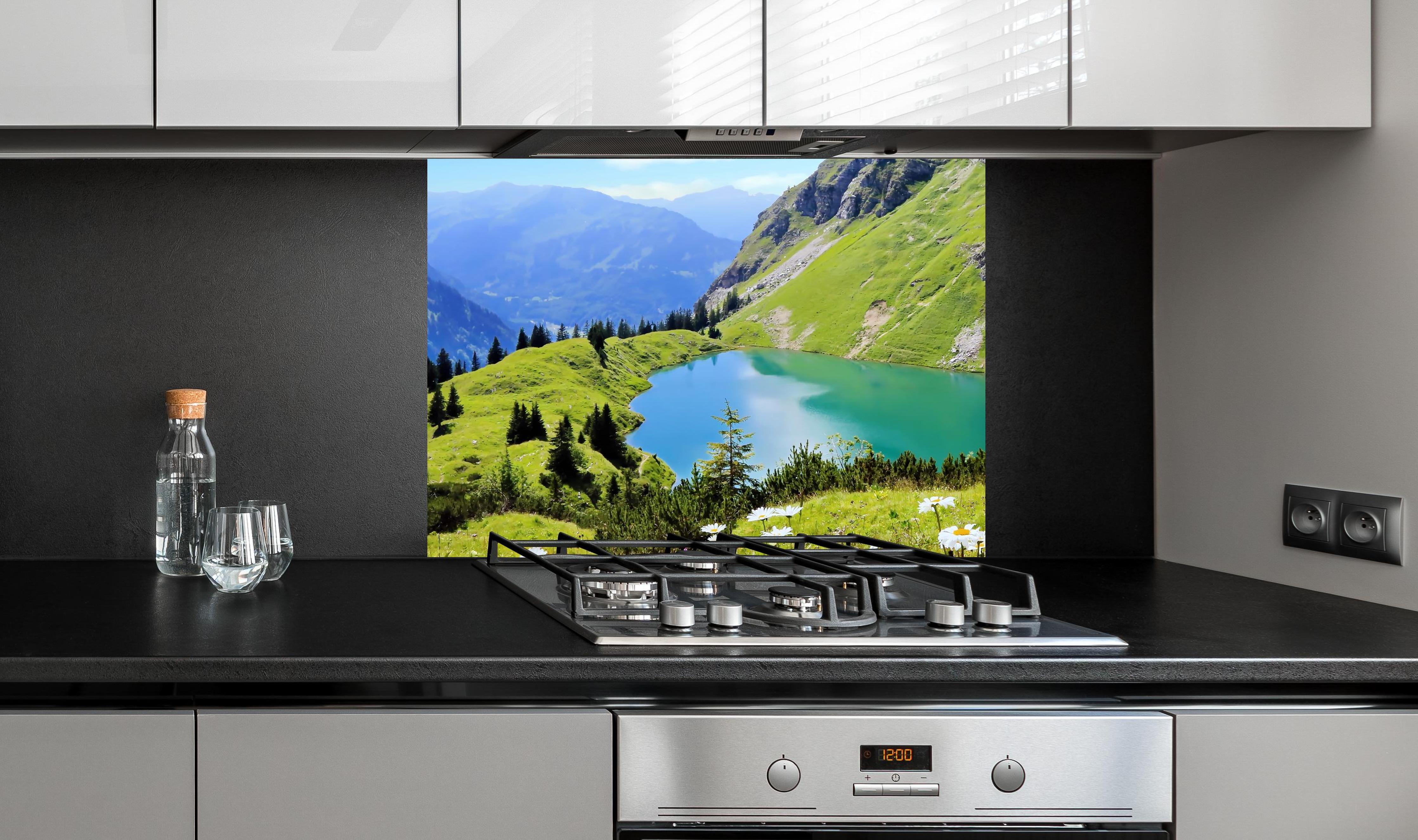 Spritzschutz - idyllischer Seealpsee an edler Anthrazit-Wand hinter silbernem Gasherd