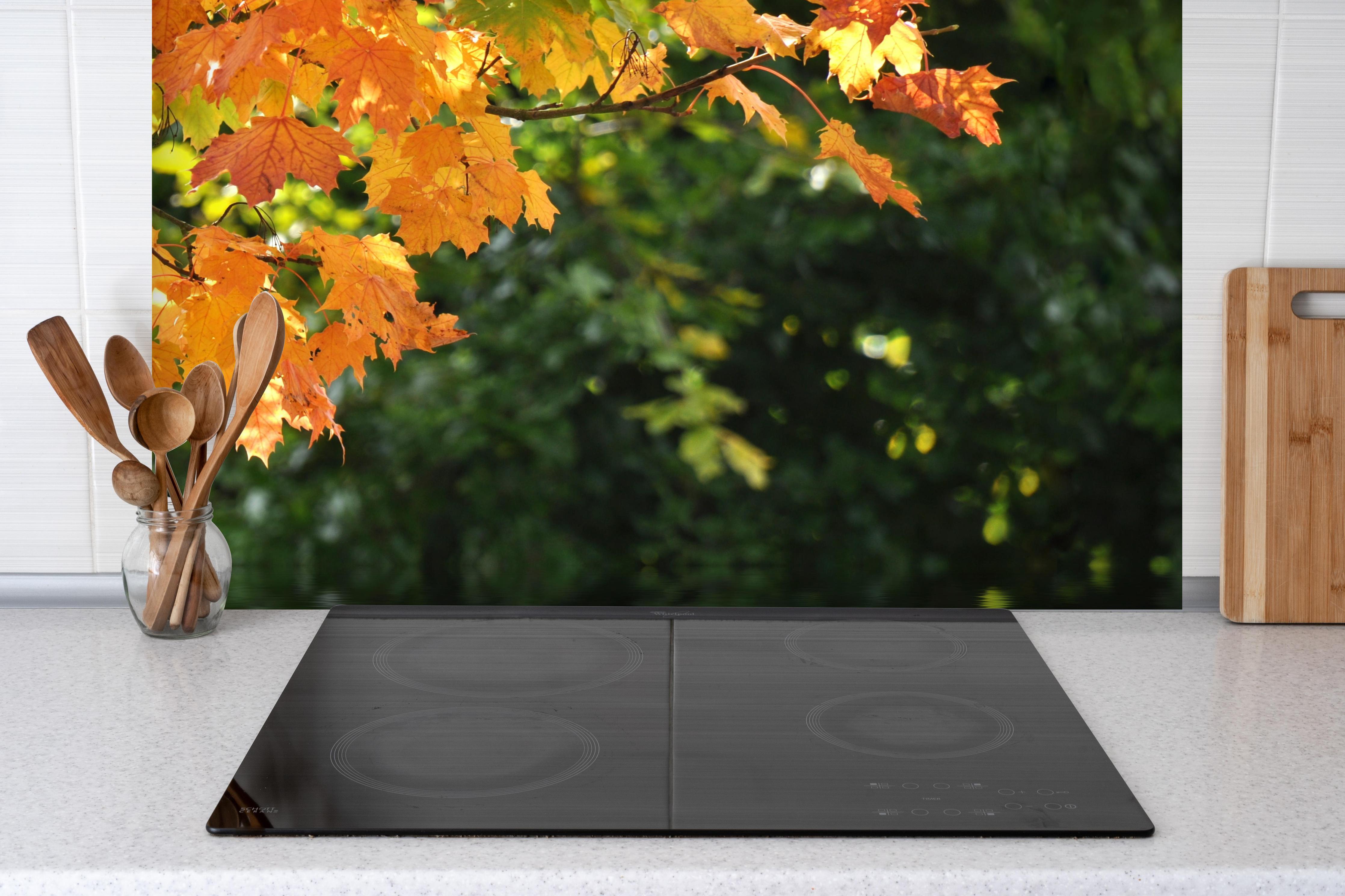 Spritzschutz - kraftvolle Steine im Teich hinter einem Cerankochfeld zwischen Holz-Kochutensilien