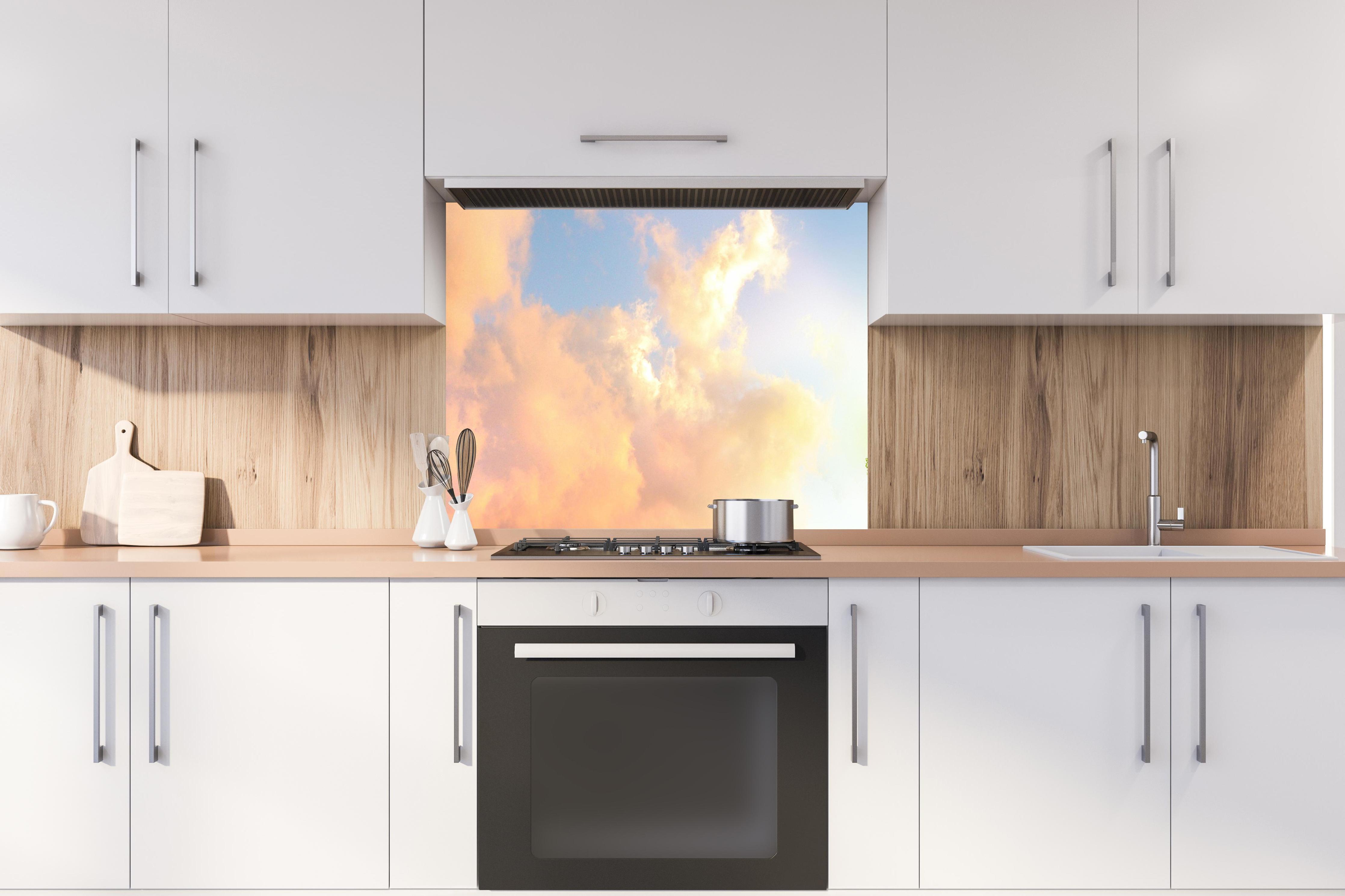 Spritzschutz - kraftvoller Baum mitten im See hinter stilvollem Gasherd unter Dunstabzugshaube