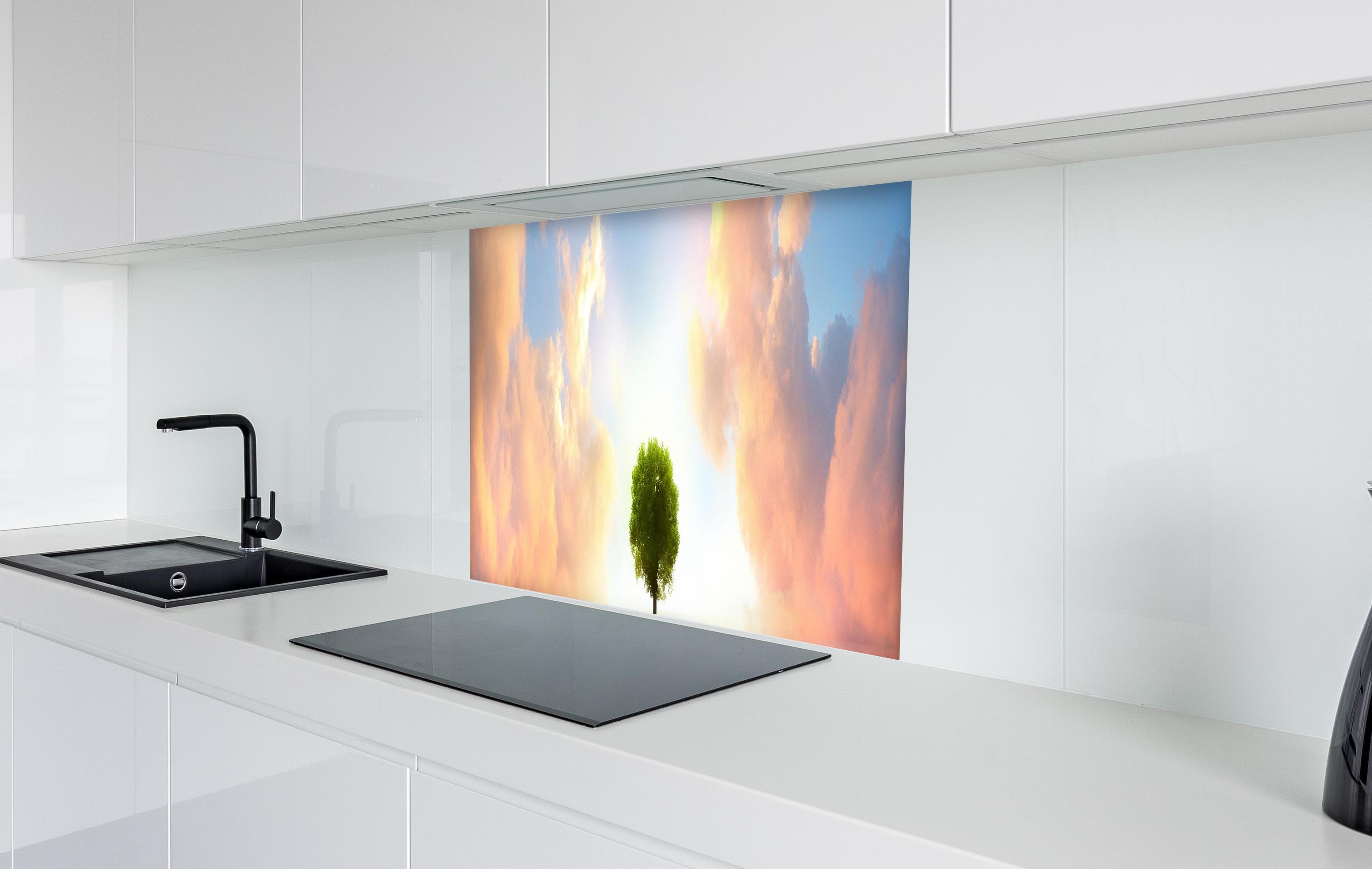 Spritzschutz - kraftvoller Baum mitten im See in weißer Hochglanz-Küche hinter einem Cerankochfeld