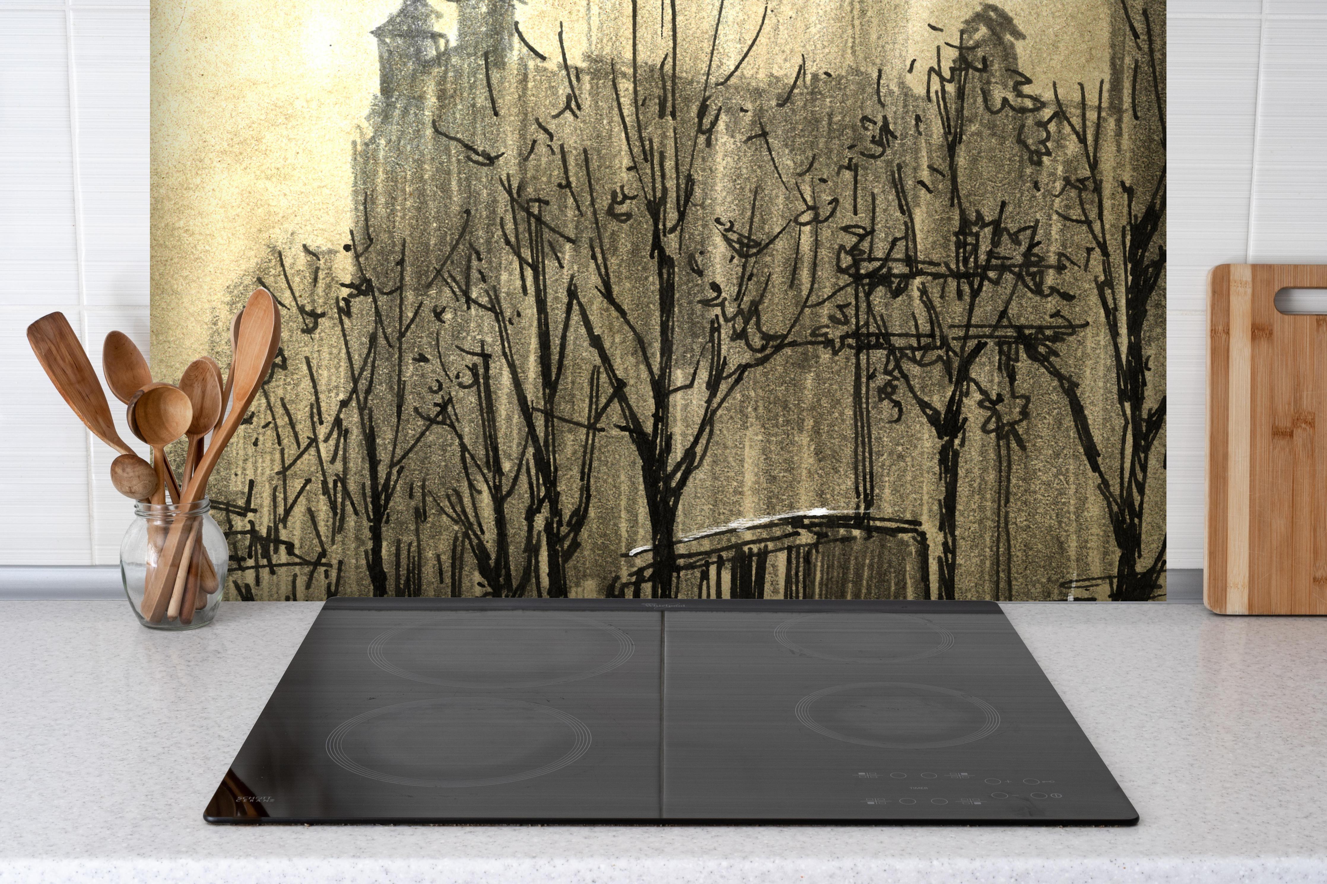 Spritzschutz - romantische Malerei eines Paar in der Stadt hinter einem Cerankochfeld zwischen Holz-Kochutensilien