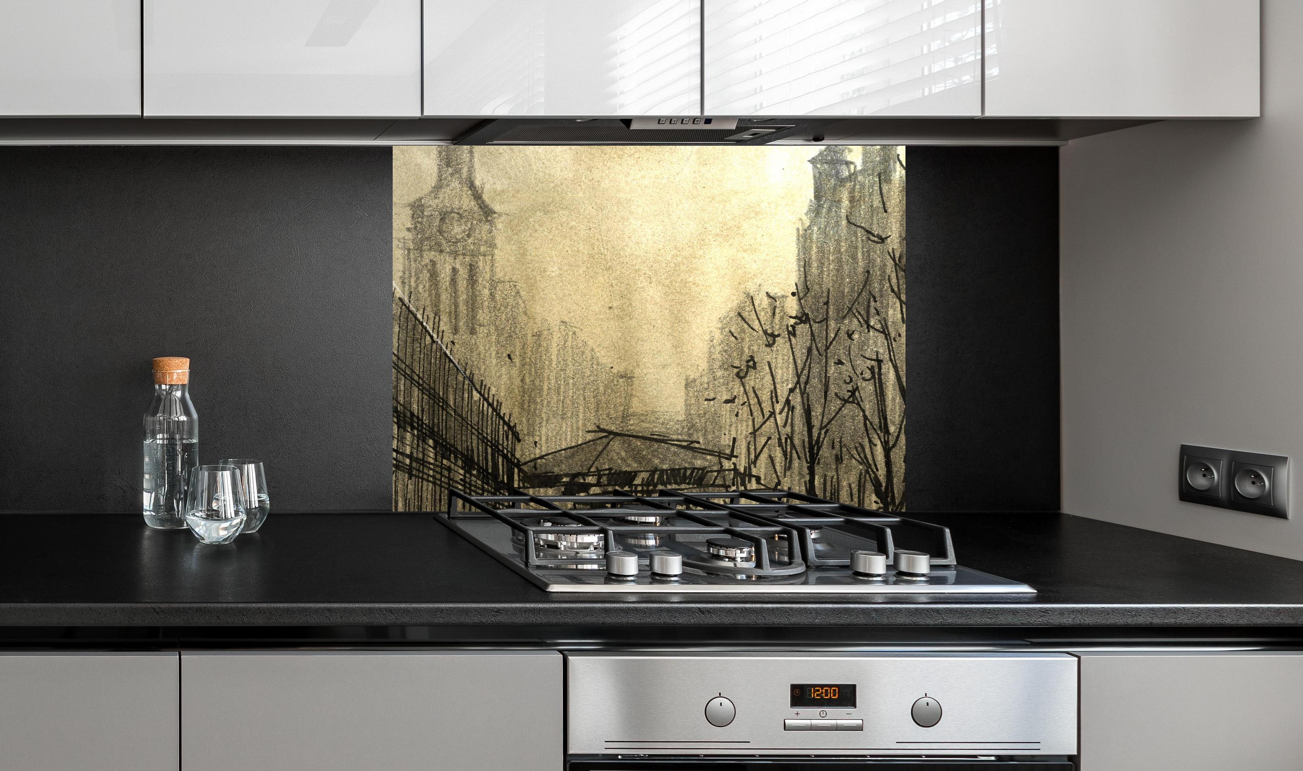 Spritzschutz - romantische Malerei eines Paar in der Stadt an edler Anthrazit-Wand hinter silbernem Gasherd