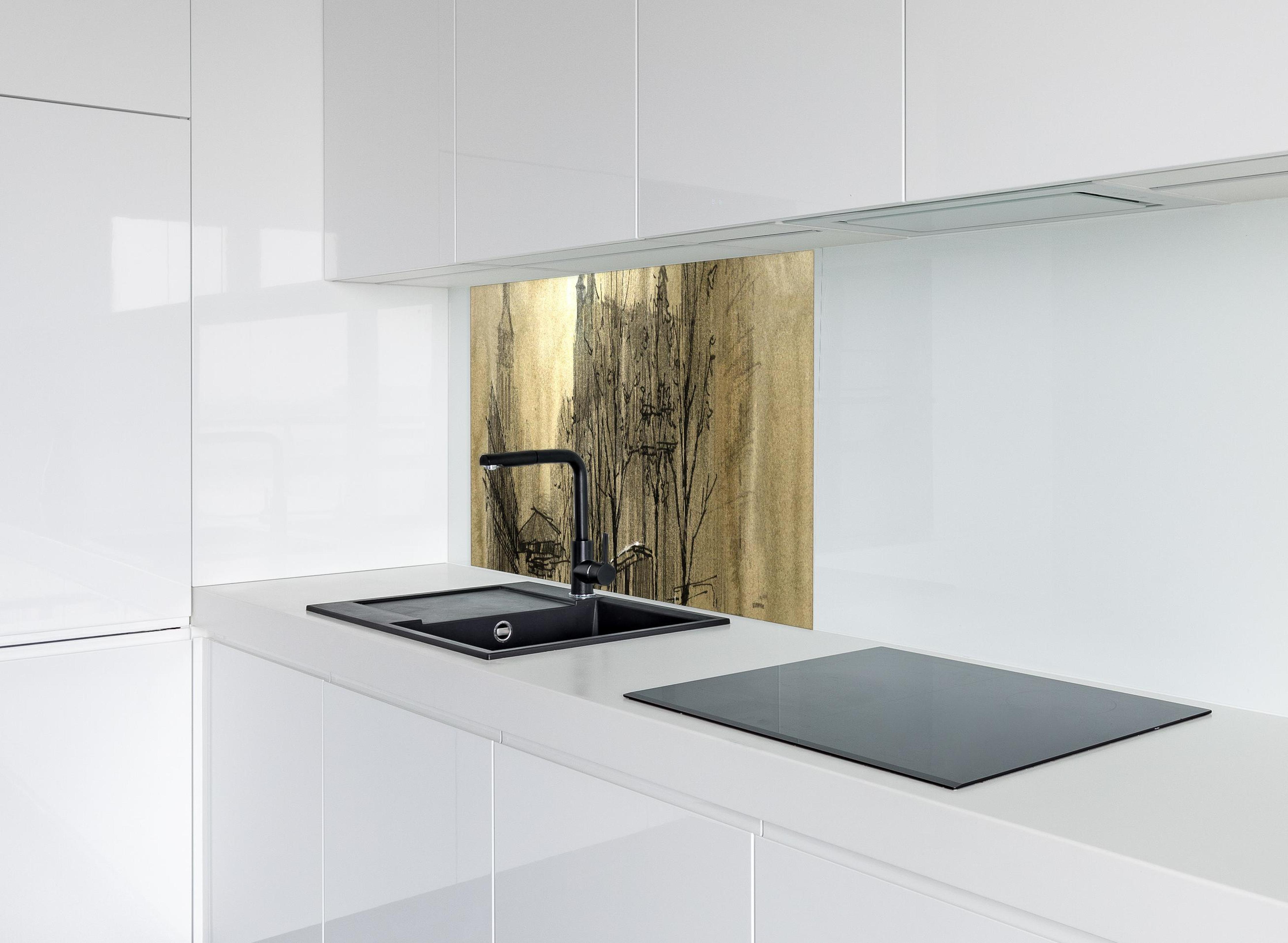 Spritzschutz - romantische Malerei eines Paar in der Stadt hinter modernem schwarz-matten Spülbecken in weißer Hochglanz-Küche