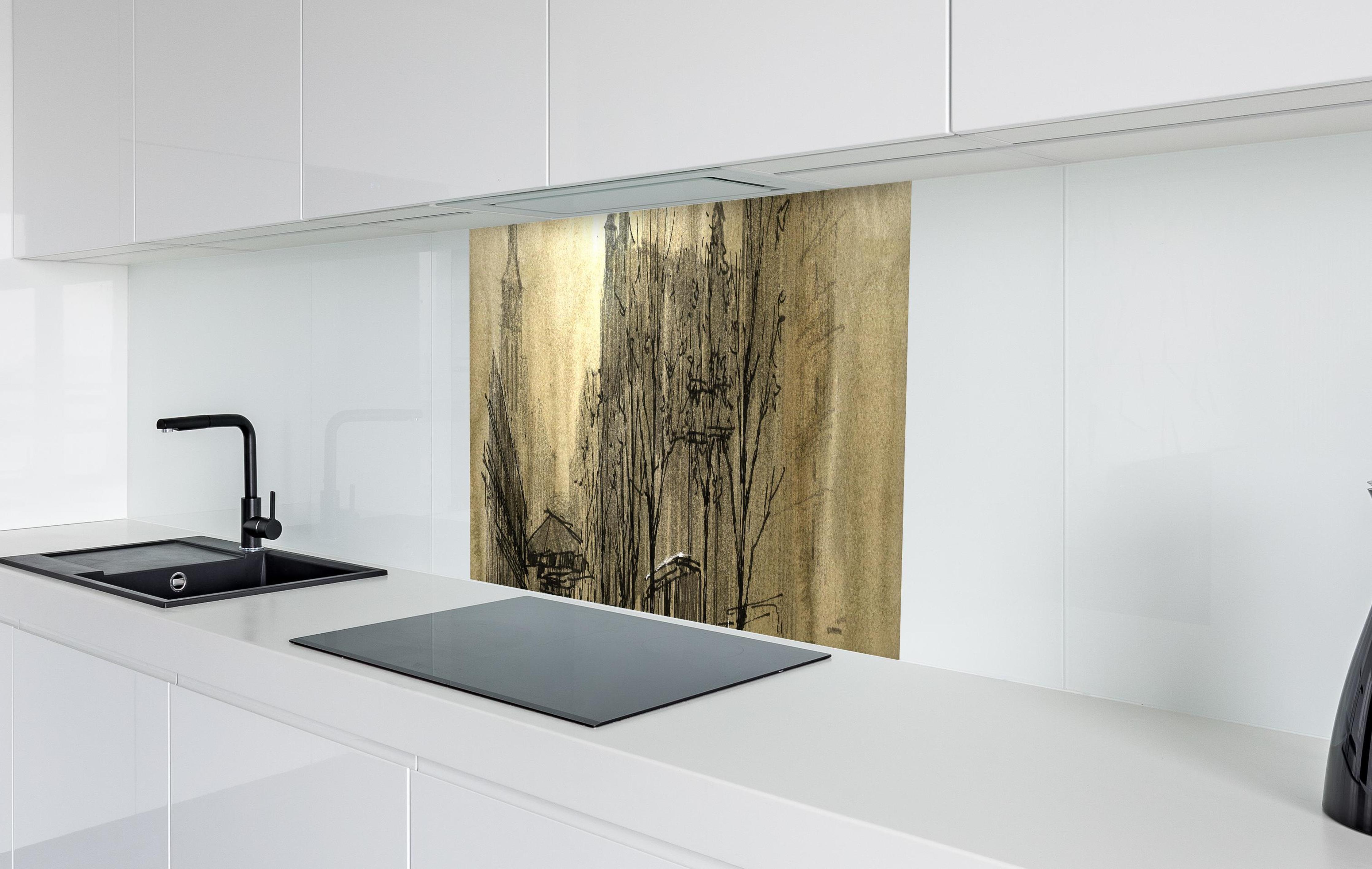 Spritzschutz - romantische Malerei eines Paar in der Stadt in weißer Hochglanz-Küche hinter einem Cerankochfeld