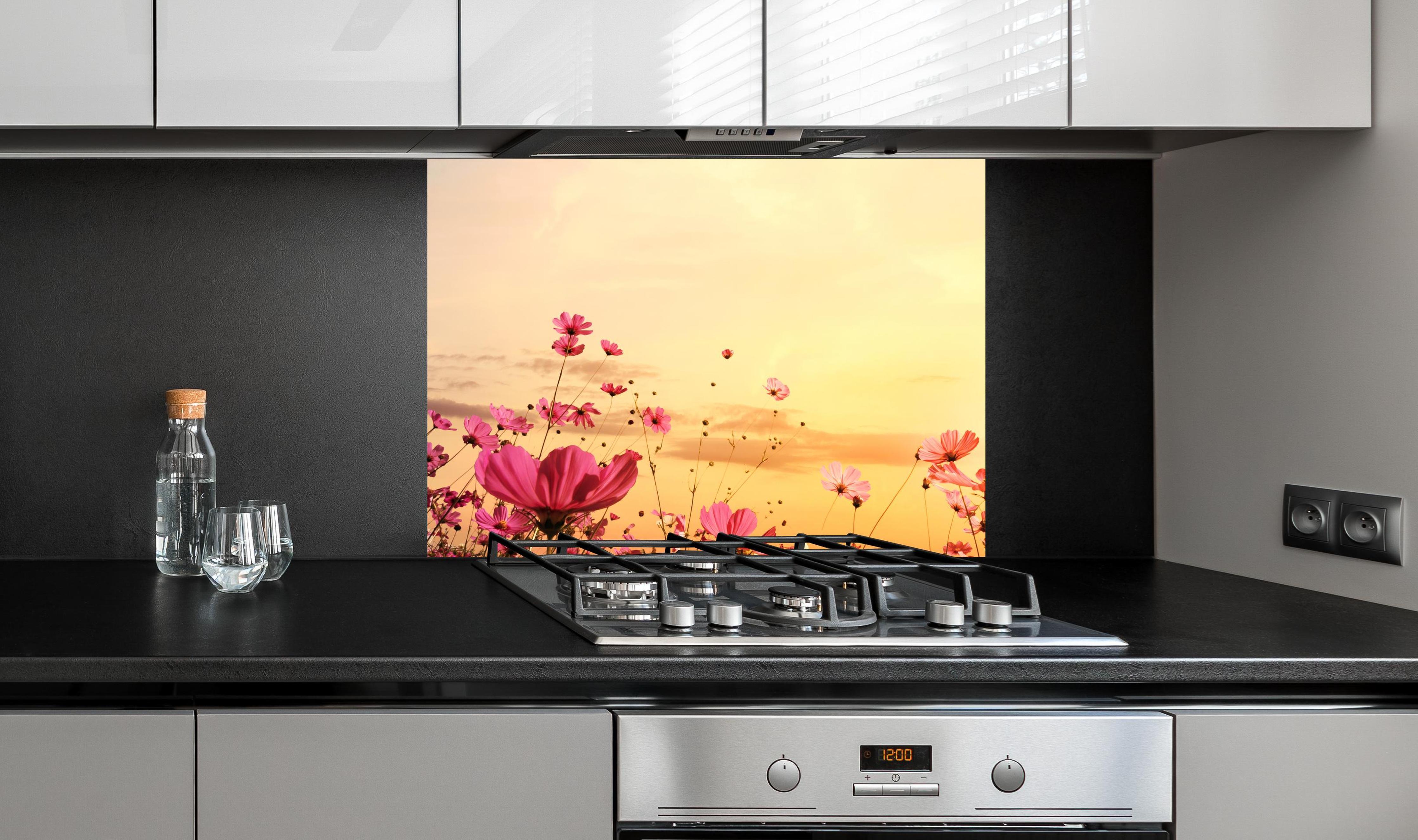 Spritzschutz - rosa Kosmosblumenfeld an edler Anthrazit-Wand hinter silbernem Gasherd