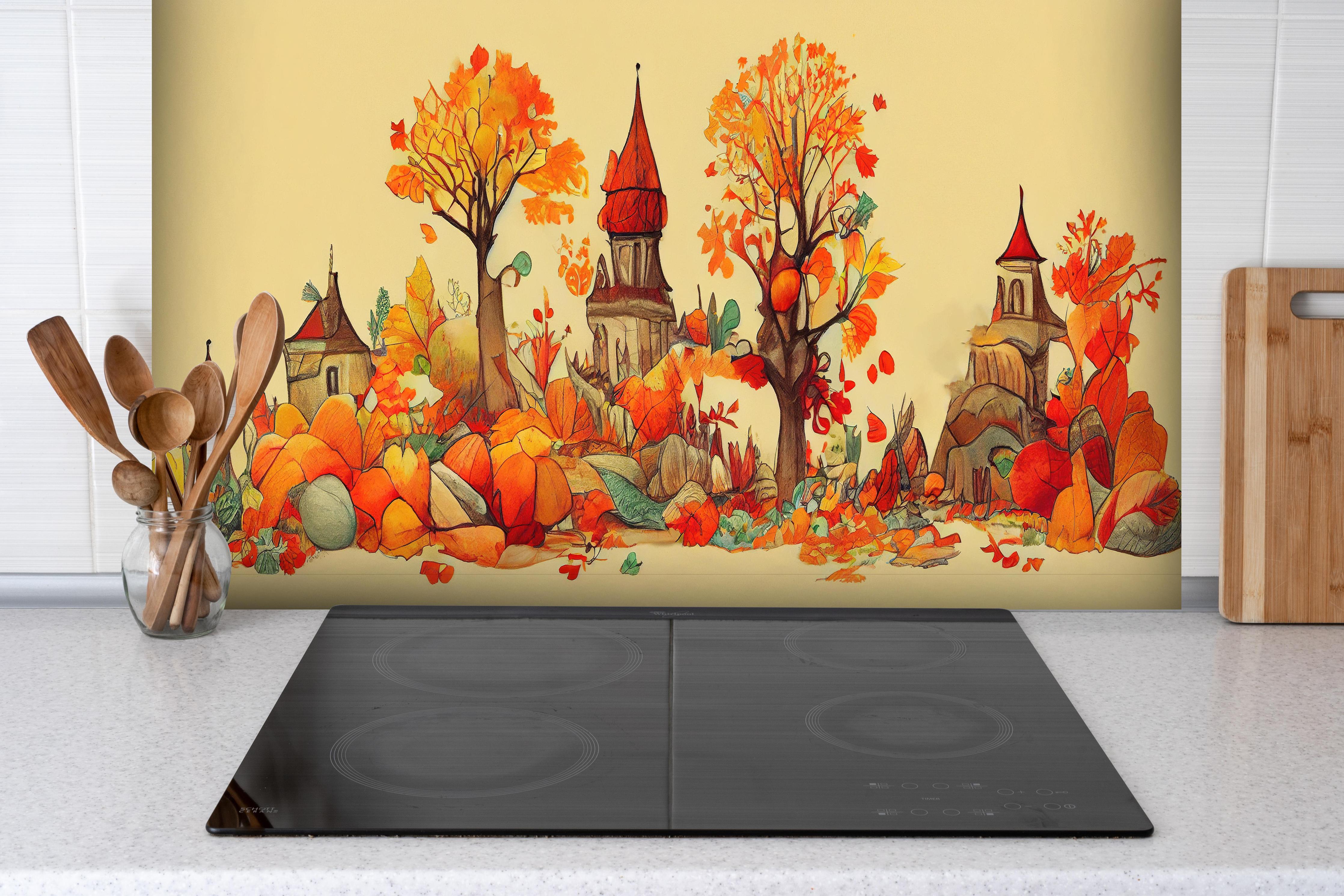 Spritzschutz - Stadt im Herbst: Illustration mit warmen Orangetönen hinter einem Cerankochfeld zwischen Holz-Kochutensilien