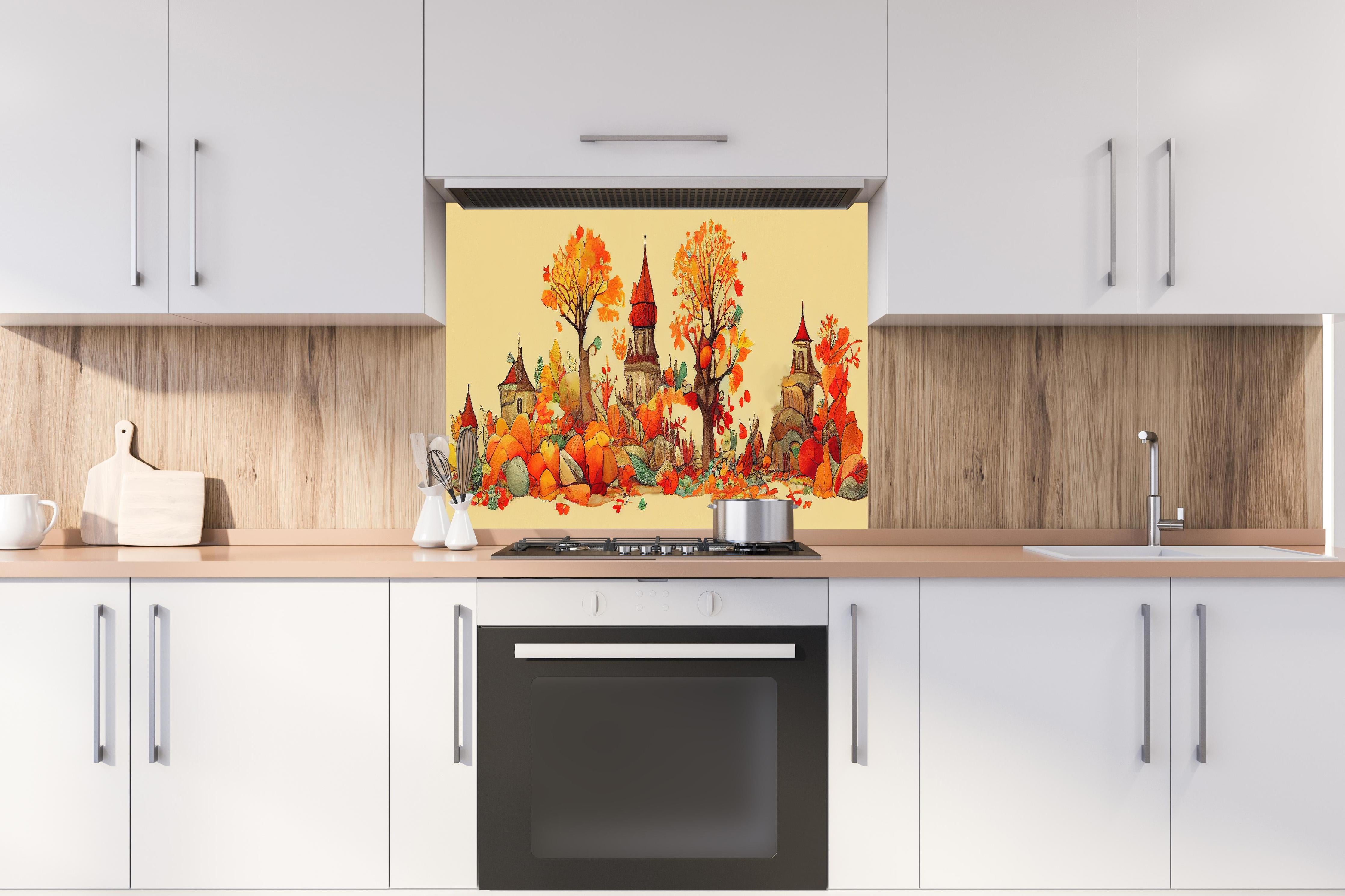 Spritzschutz - Stadt im Herbst: Illustration mit warmen Orangetönen hinter einem Cerankochfeld zwischen Holz-Kochutensilien