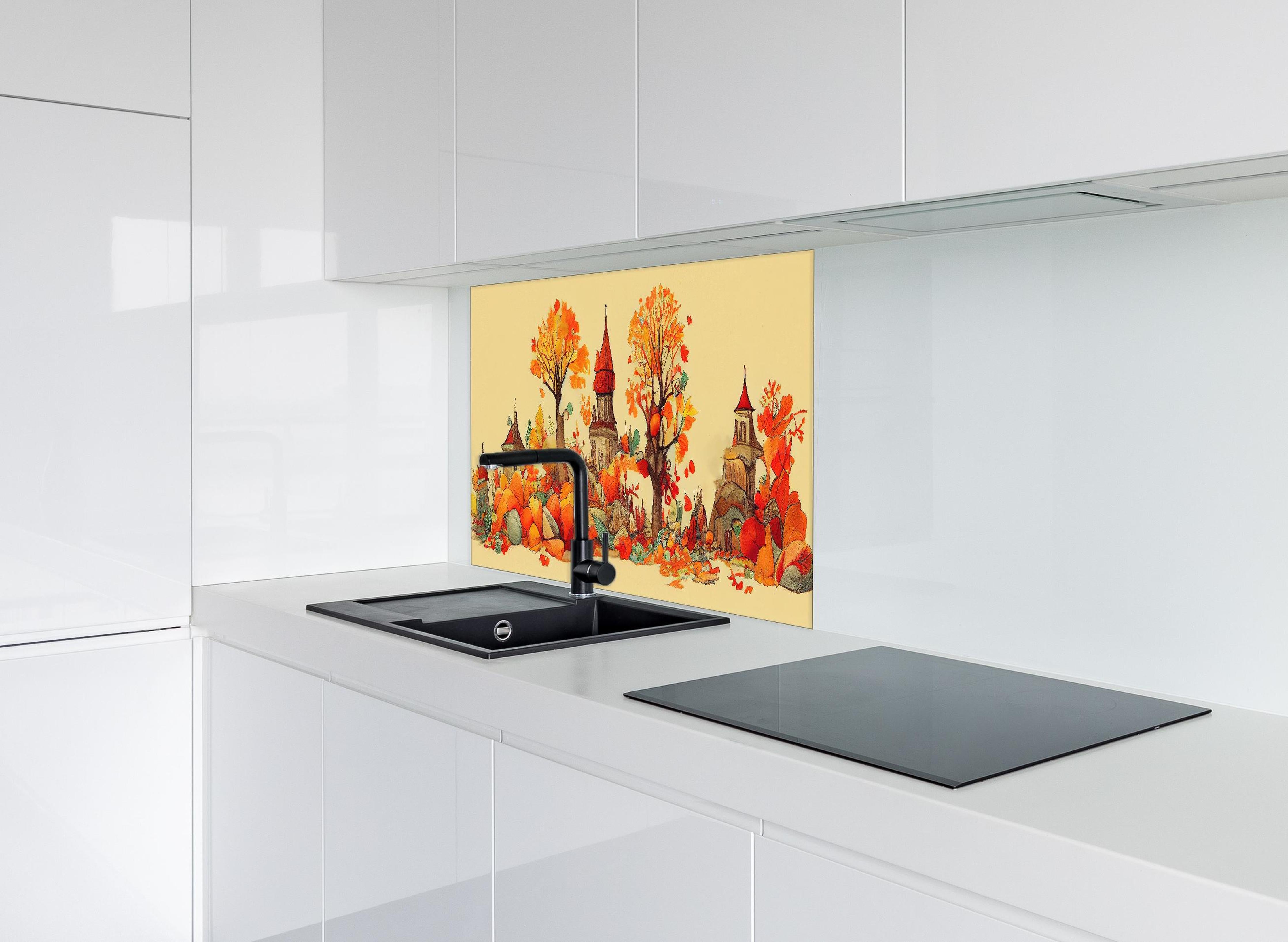 Spritzschutz - Stadt im Herbst: Illustration mit warmen Orangetönen hinter einem Cerankochfeld zwischen Holz-Kochutensilien