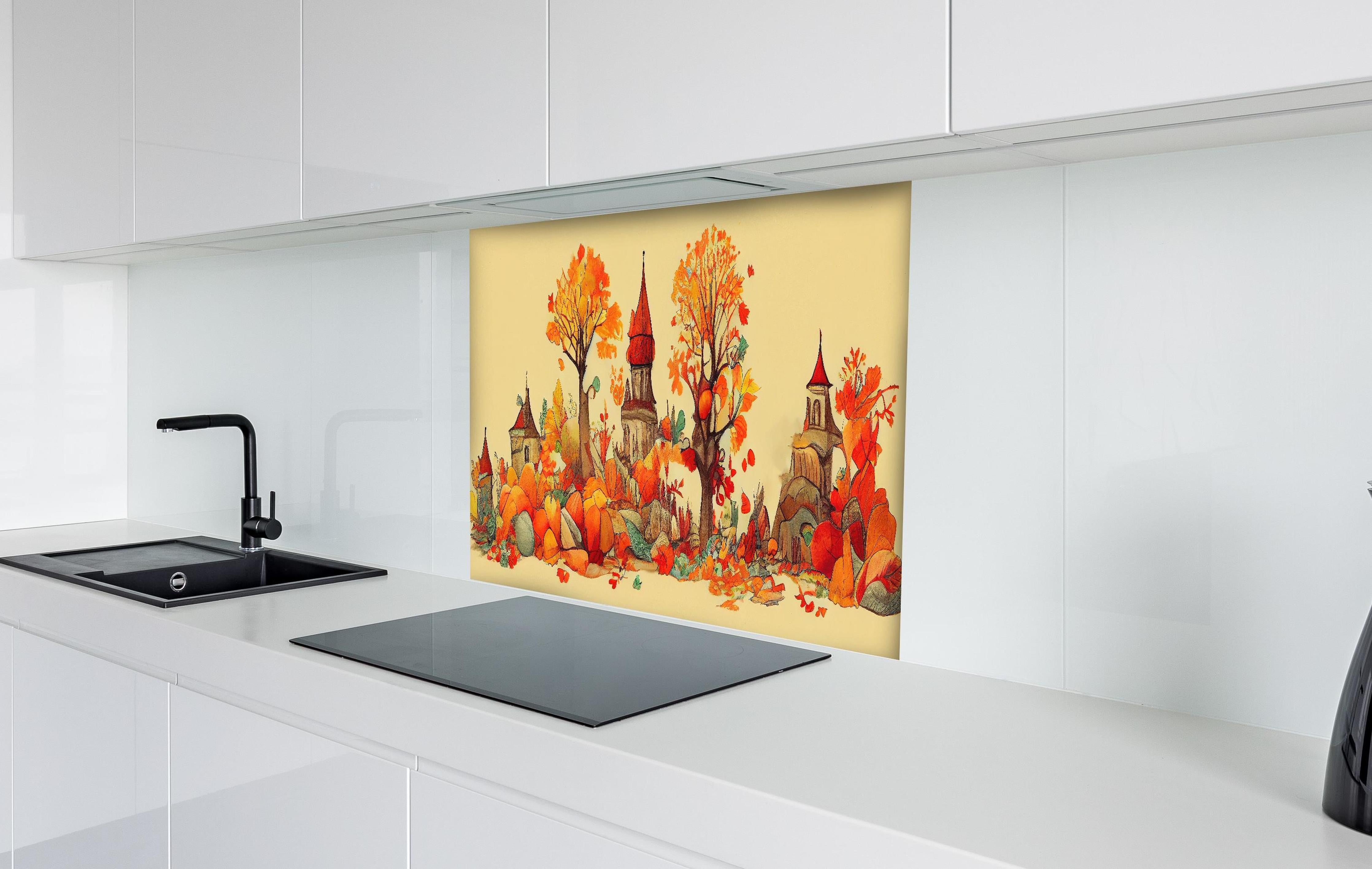 Spritzschutz - Stadt im Herbst: Illustration mit warmen Orangetönen hinter einem Cerankochfeld zwischen Holz-Kochutensilien