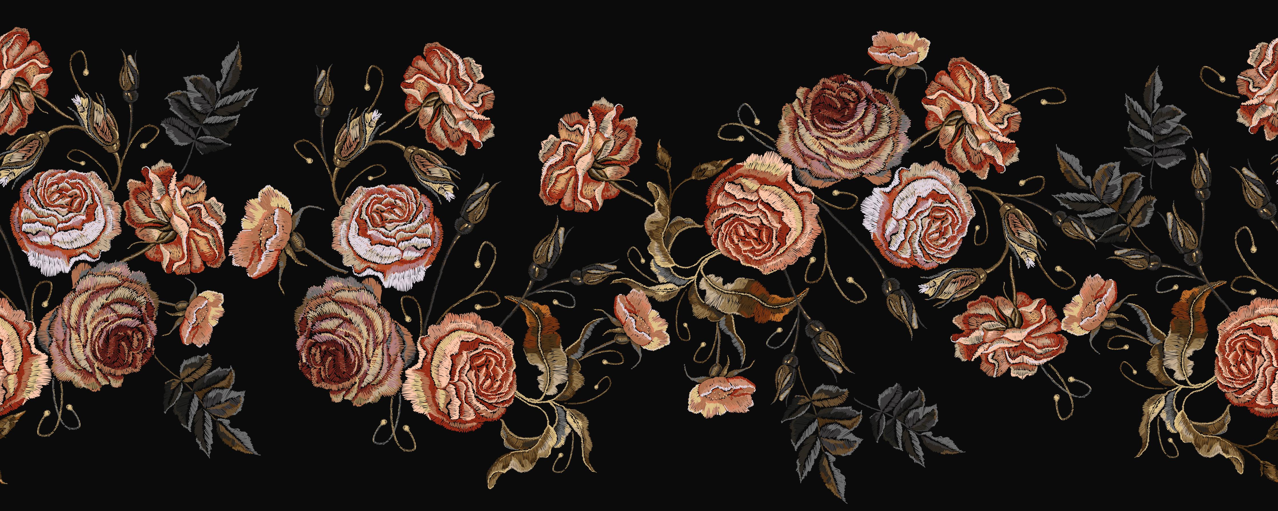 Spritzschutz-Stickerei Vintage Rosen auf Schwarz Muster