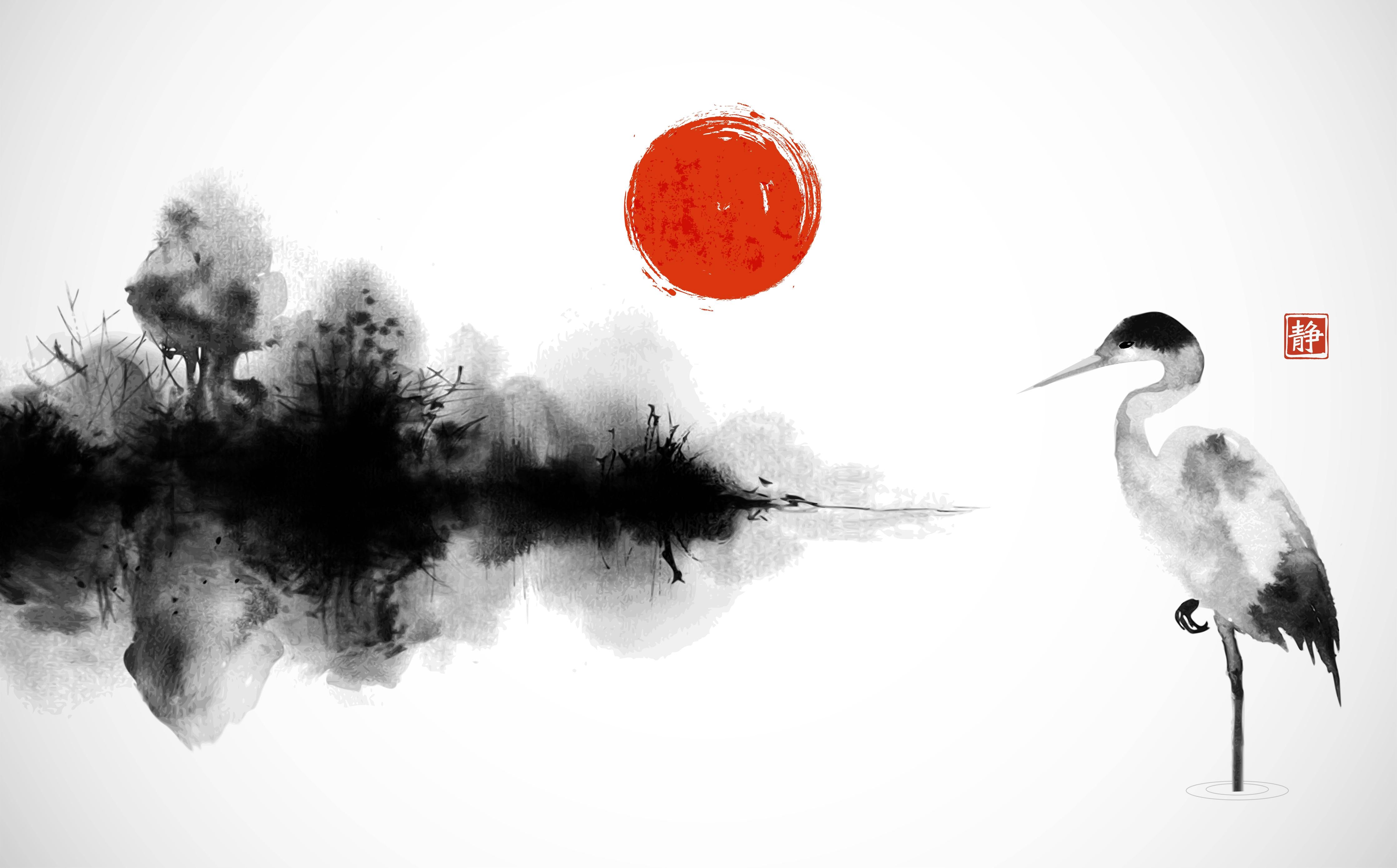 Spritzschutz-Stille Heron Sumi-e Tuschmalerei